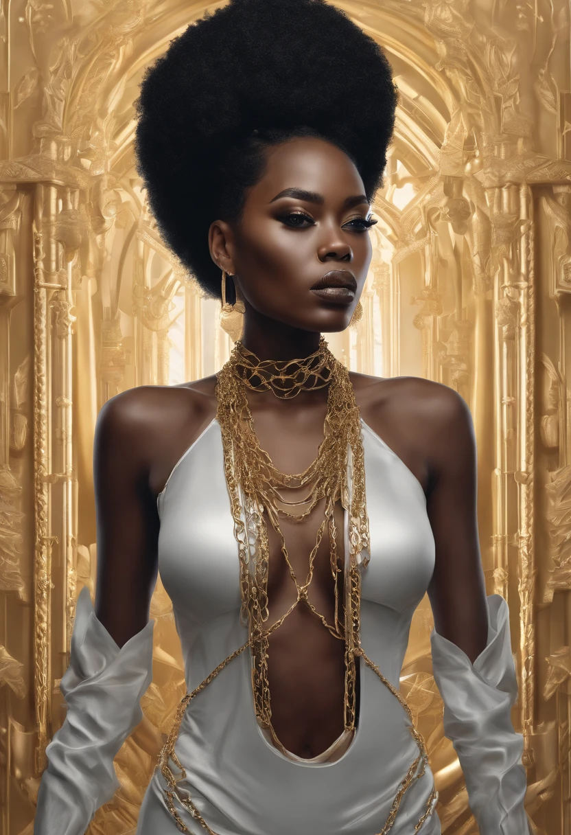 Ghotic woman afro cut with big bare breasts and piercing on the of gold chains castle