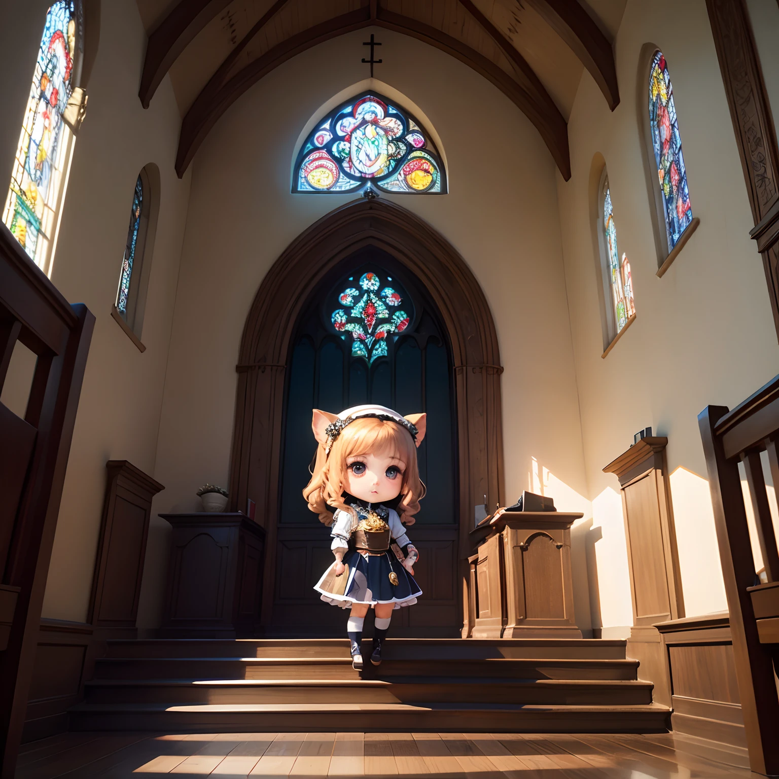 masterpiece、top-quality、ultra-detailliert、(Chibi Maria:1.2)、独奏、Cosplay Well、inside a church、stain glass、doa