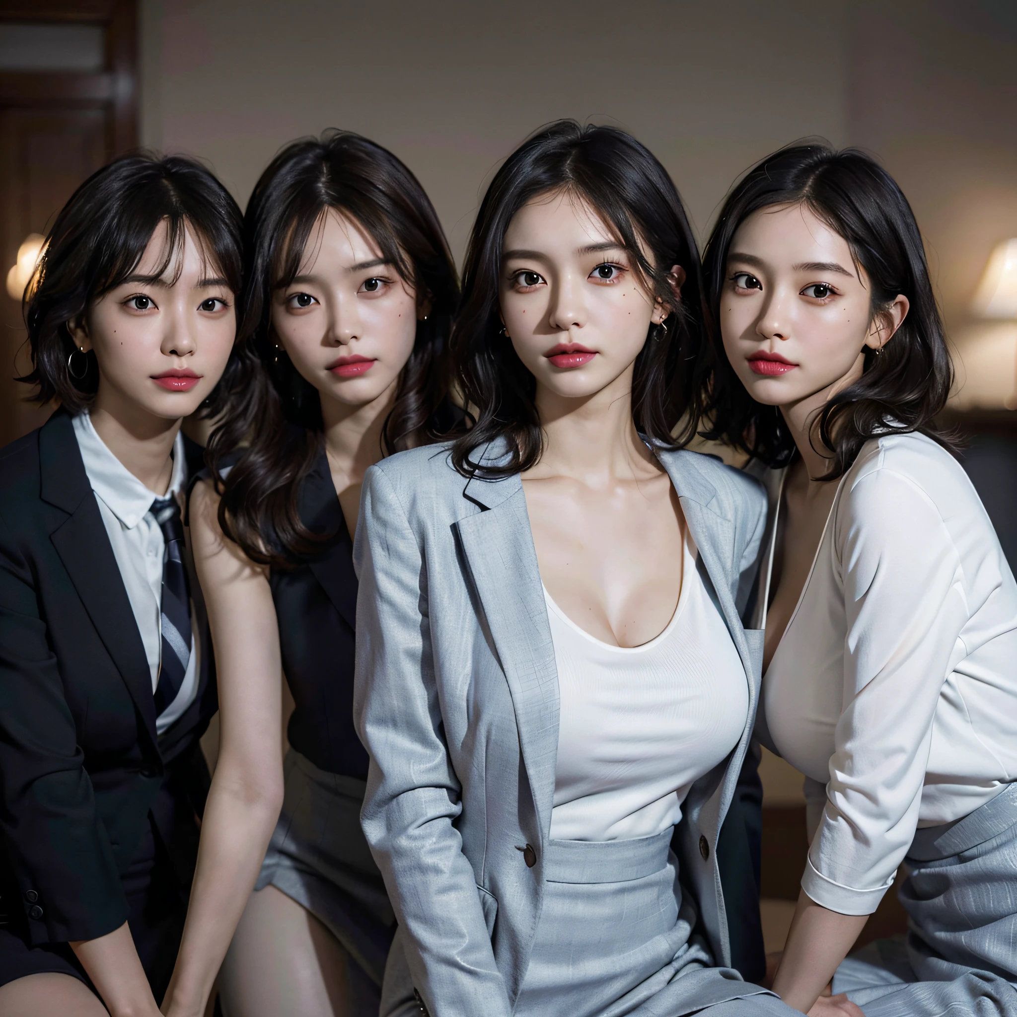 absurdres, RAW photo, extremely delicate and beautiful, masterpiece, Best Quality, ultra high resolution, 16k, hyperrealistic, ultra-detailed, Very detailed CG 8k wallpaper, Beautiful Lighting, Perfect Lightning, Realistic Shadows, perfect anatomy, super Detailed skin, perfect figure, Japanese woman, late 20s, very Slim body, narrow waist, very small head, handsome detailed woman, very detailed eyes and face, realistic face proportions, Stunning detailed eyes, Realistic beautiful face, very small face, Realistic small beautiful eyes, double eyelids, makeup, tearful mole, mole on chest, earring, bare legs, beautiful and very thin legs, beautiful and very thin thighs, (very huge round breasts:1.3), short hair, wavy hair, sweat, (3 girls:1.5), (office lady suit:1.3), (skirt suit), (suit jacket), (blouse),