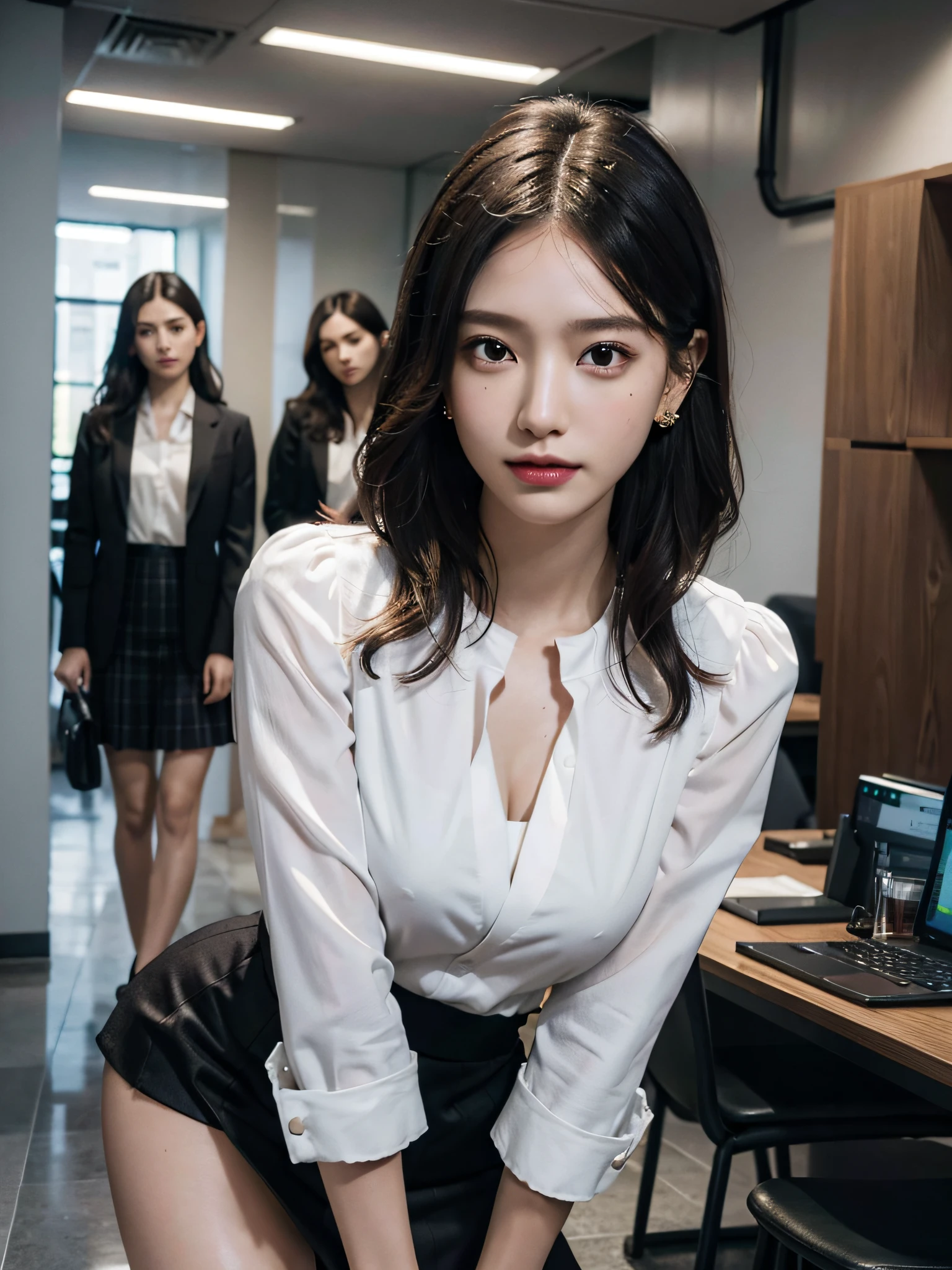 absurdres, RAW photo, extremely delicate and beautiful, masterpiece, Best Quality, ultra high resolution, 16k, hyperrealistic, ultra-detailed, Very detailed CG 8k wallpaper, Beautiful Lighting, Perfect Lightning, Realistic Shadows, perfect anatomy, super Detailed skin, perfect figure, Japanese woman, late 20s, very Slim body, narrow waist, very small head, handsome detailed woman, very detailed eyes and face, realistic face proportions, Stunning detailed eyes, Realistic beautiful face, very small face, Realistic small beautiful eyes, double eyelids, makeup, tearful mole, mole on chest, earring, bare legs, beautiful and very thin legs, beautiful and very thin thighs, (very huge round breasts:1.3), short hair, wavy hair, sweat, full body shot, (3 girls:1.5), (office lady suit:1.3), (skirt suit), (suit jacket), (blouse),