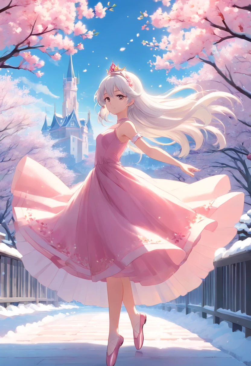 (high resolution) (high detail) long white hair, snow princess with silver eyes wearing flowing pink dress with ballet shoes, pink diamond crown, with background with cherry blossom tree in the winter