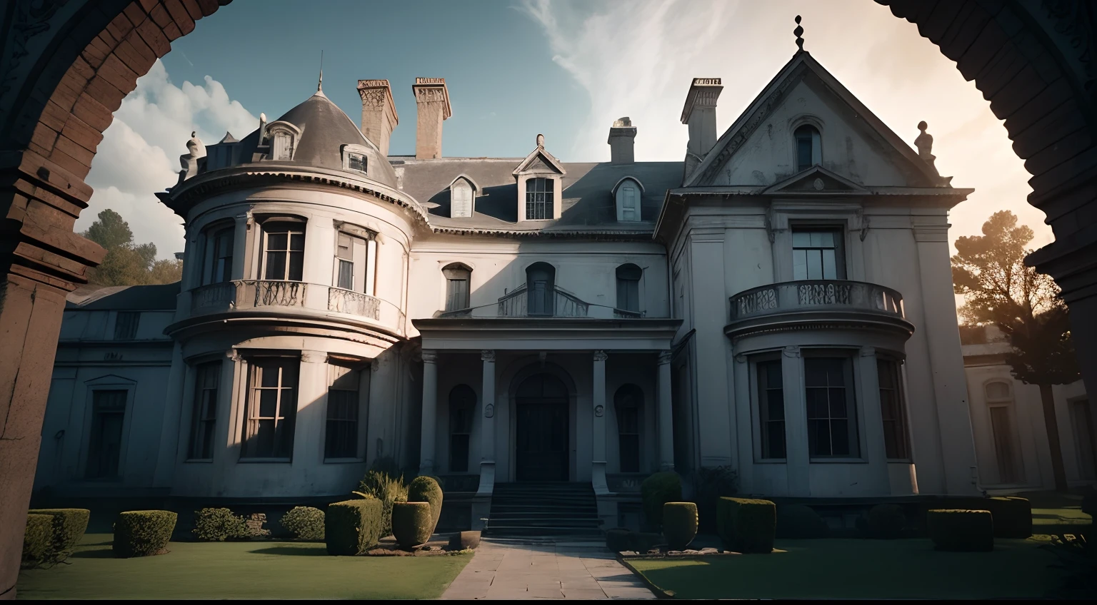 Generate a realistic 4K image of an abandoned mansion featured in the center. The mansion should be represented in shades of gray and black, com janelas quebradas e parcialmente cobertas por sombras sinistras. The mansion must seem to rise up against a starry, overcast night sky. In front of the mansion, coloque quatro amigos atemorizados: Maria, JOHN, Clara, Pedro e Ana. They must be visibly frightened and looking in the direction of the mansion with expressions of fear."