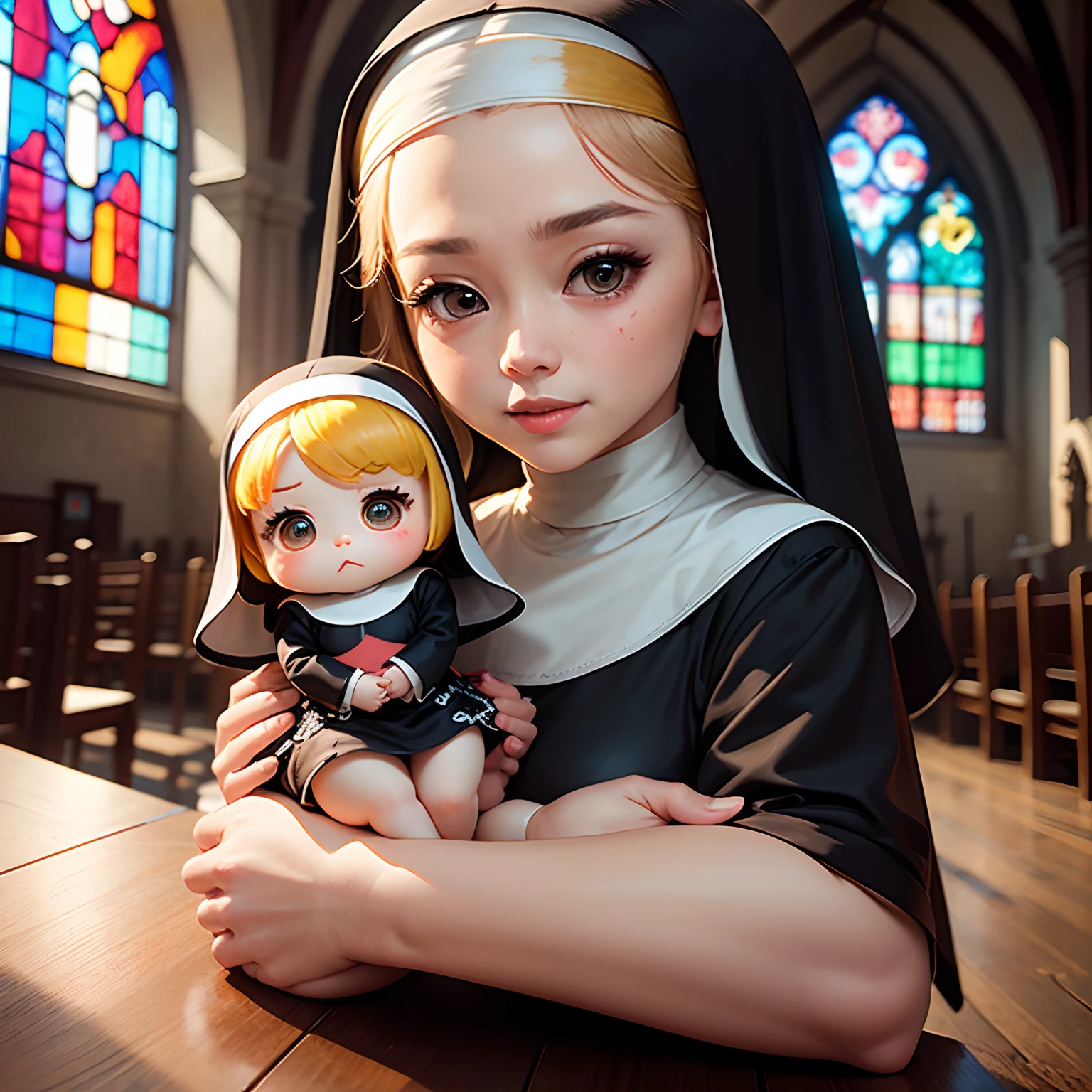 ​masterpiece、top-quality、ultra-detailliert、(Chibi Nun:1.2)、独奏、Nun Cosplay、inside a church、stain glass、doa