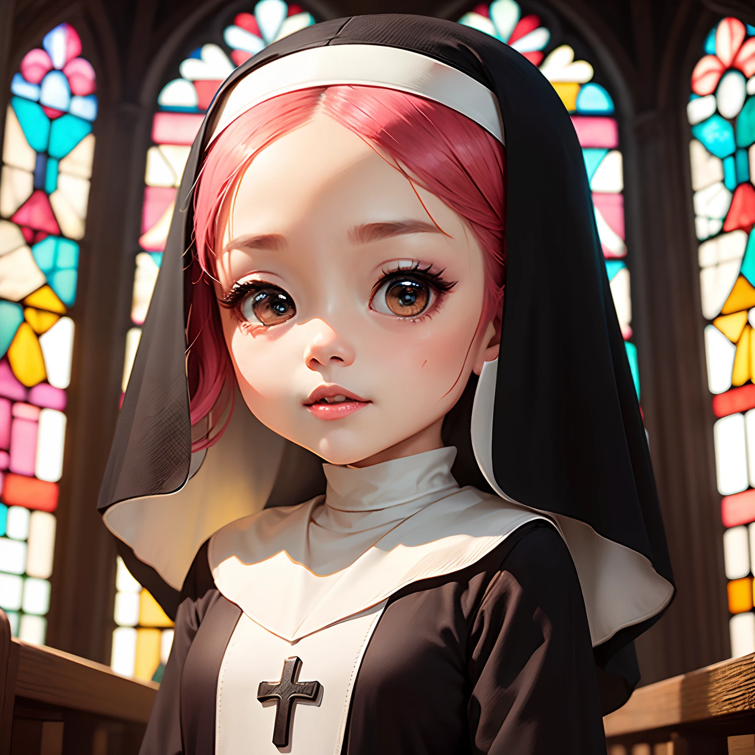 masterpiece、top-quality、ultra-detailliert、(Chibi Nun:1.2)、独奏、Nun Cosplay、inside a church、stain glass、doa