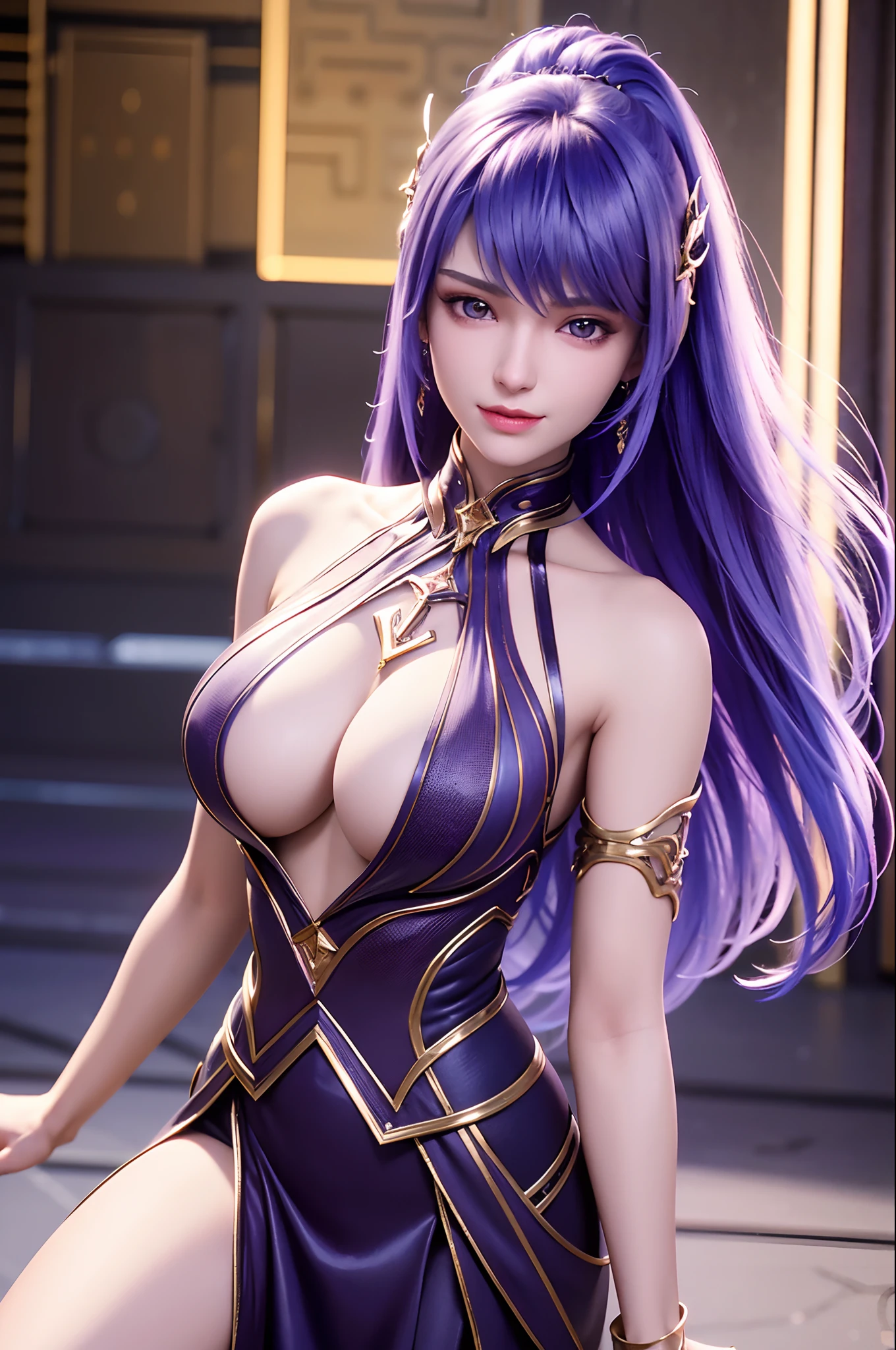 Masterpiece, absurdres, fine detail, HDR, highly detailed face and eyes, photorealistic, (8k, best quality, masterpiece:1.2), ultra-detailed, extremely detailed cg 8k wallpaper,bright lighting,fashion,
(crystalstexture skin:1.2), (extremely delicate and beautiful),
(masterpiece, best quality:1.2),1girl, solo, narrow waist, very long hair, (large breasts:1.5), purple hair,caier,(looking at viewer:1.2), ((Full body)),8th class, Smiling face, Hair loss swaying in the wind, Hip Hop Singer Pose, Dressed in hip-hop style, Wear a white T-shirt,swarovski,pasties,With a pink bow on the arm, Fashion, Extremely high quality, high details, 8K, clean back ground, in studio, ((Full body shot)),Align your fingers neatly,Accurate Hand Modeling,wave her hand,