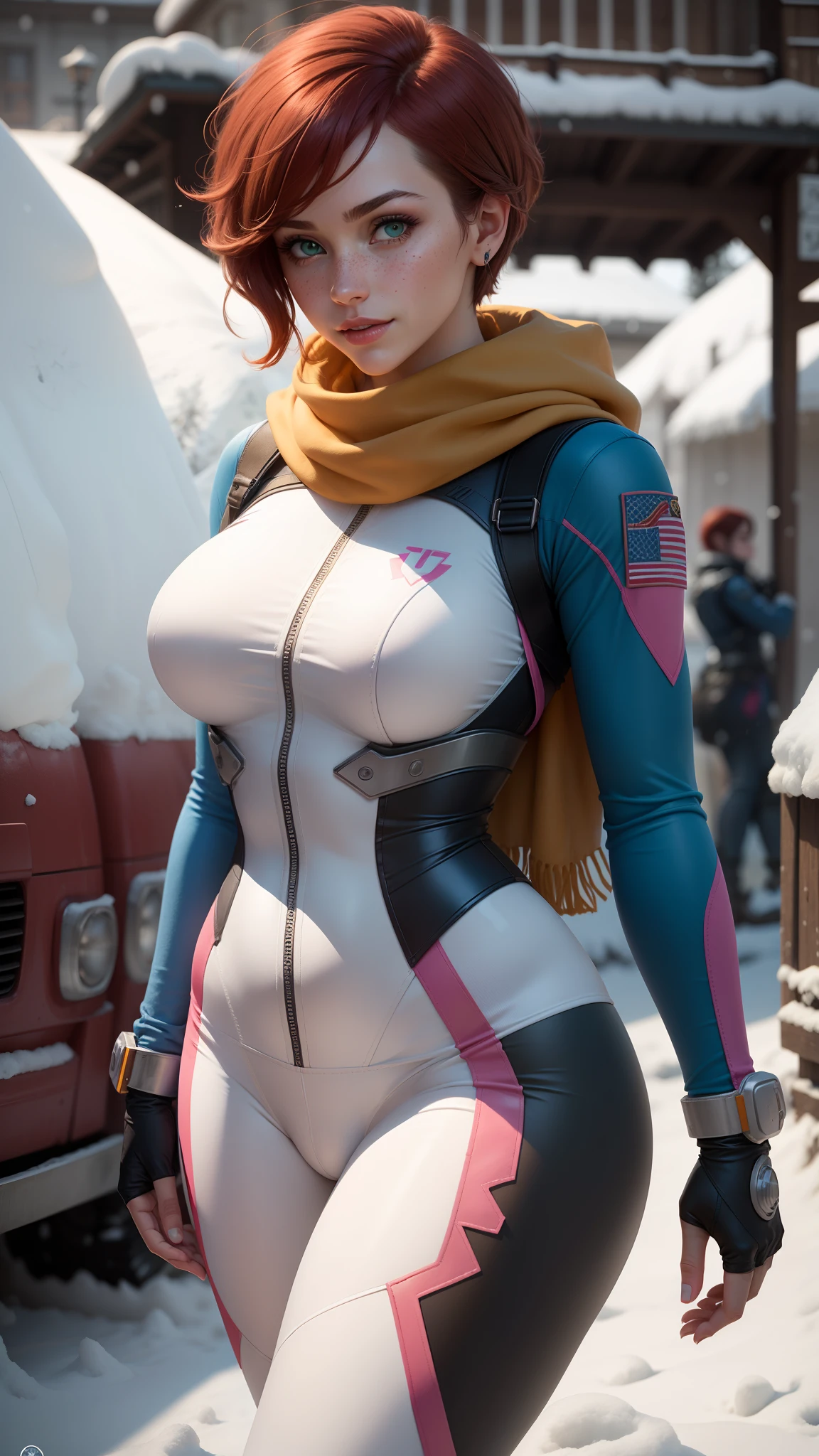 gwen tennyson,1girl,tracer,d.va,rebecca chambers,overwatch,gundam,close up,mecha pilot,winter village,rose and blue plugsuit,front hair pin,pirate corset, white long sleeve lycra top,white leggings,short hair,cute makeup,green eyes,orange and blue hair,shy smile, freckles,redhead,beautiful girl,large breasts,ultra detailed,realistic,fantasy art, military uniform,winter jacket,snow scarf,