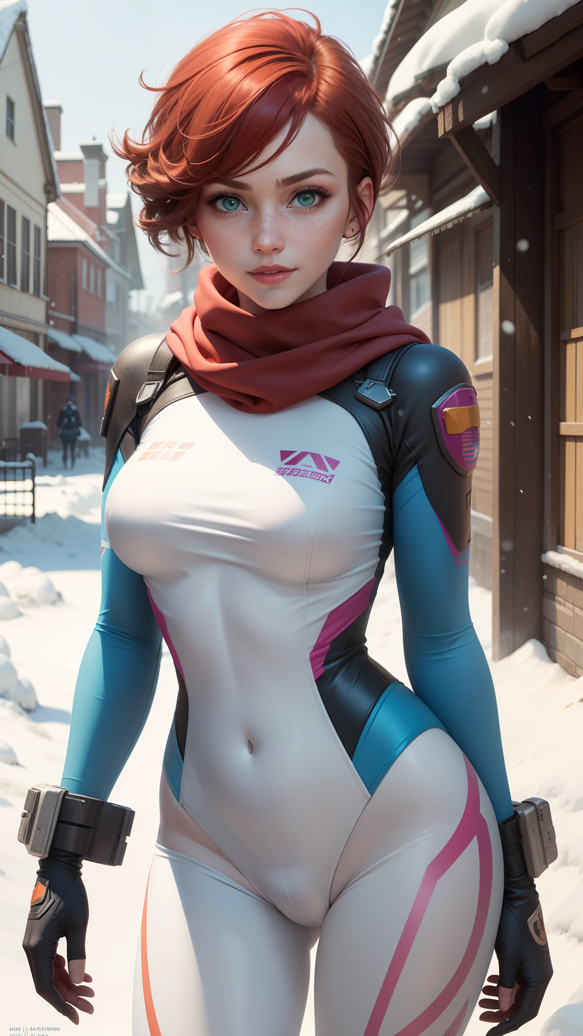 gwen tennyson,1girl,tracer,d.va,rebecca chambers,overwatch,gundam,close up,mecha pilot,winter village,rose and blue plugsuit,front hair pin,pirate corset, white long sleeve lycra top,white leggings,short hair,cute makeup,green eyes,orange and blue hair,shy smile, freckles,redhead,beautiful girl,large breasts,ultra detailed,realistic,fantasy art, military uniform,winter jacket,snow scarf,