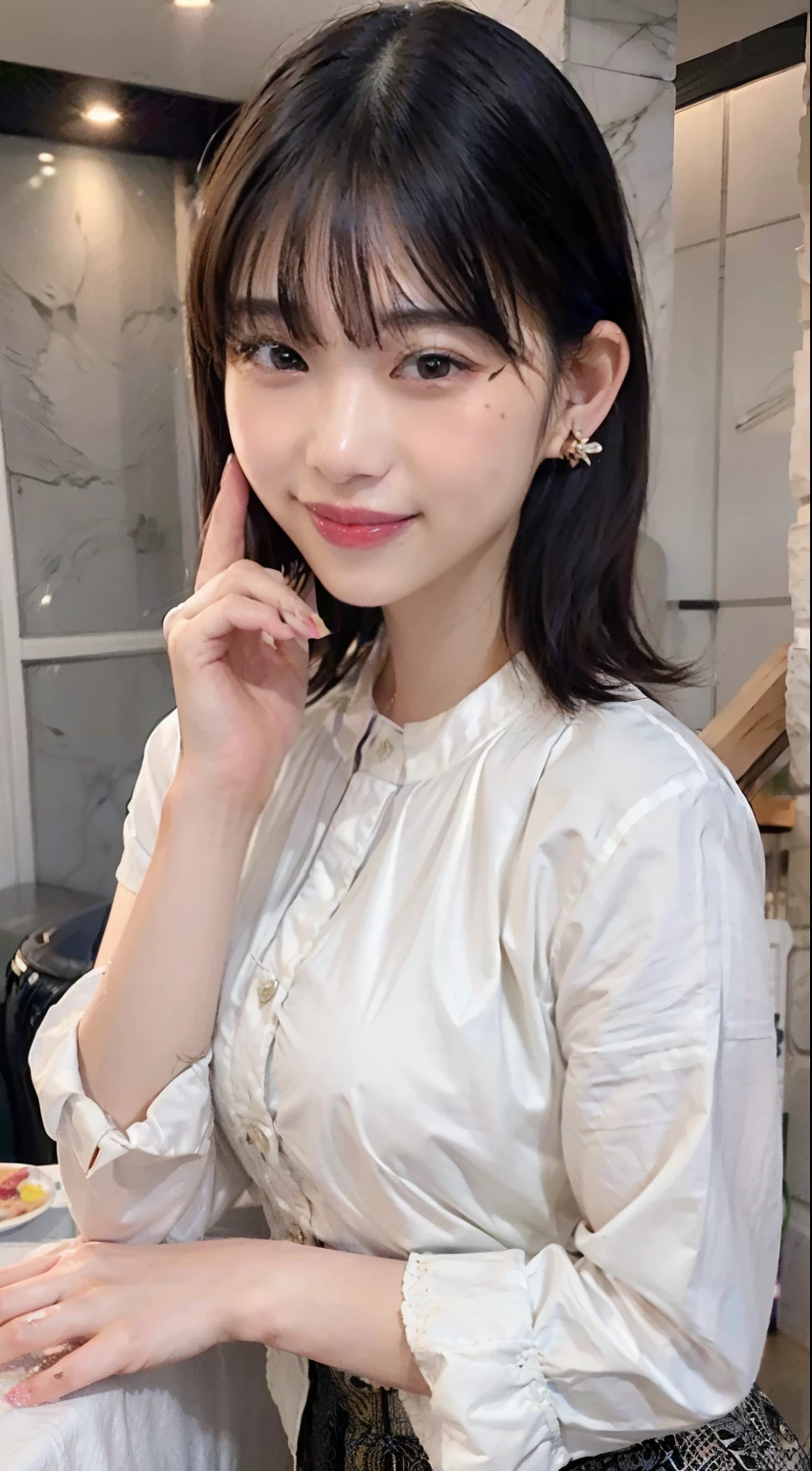 (Best Quality, 8K, masutepiece, Ultra HD: 1.3), High-quality images trending on Instagram、high-level image quality、1girl in, ((Colossal tits:1.2)) ,light brown hair, Blunt bangs, hair behind ear, hair over shoulder, Long hair,  slender body shape, Ultra Fine Face, Delicate lips, beautidful eyes, Double eyelids, Detailed eyes、lipsticks, thin blush ,Black eyes ,perfect glossy skin,flawless skin　fair white skin ,Detailed skin、Glistening sweat,((Happy smile:1.2)), Fine cleavage,Ultra-thin hands, Ultra-fine fingers,  best ratio four finger and one thumb, (realisitic:1.3),Finger Extensions, shirt with collar, tight skirts , beauty legs ,Low Heels. outside of house、In the middle of a date、Aoi Morikawa:1.2