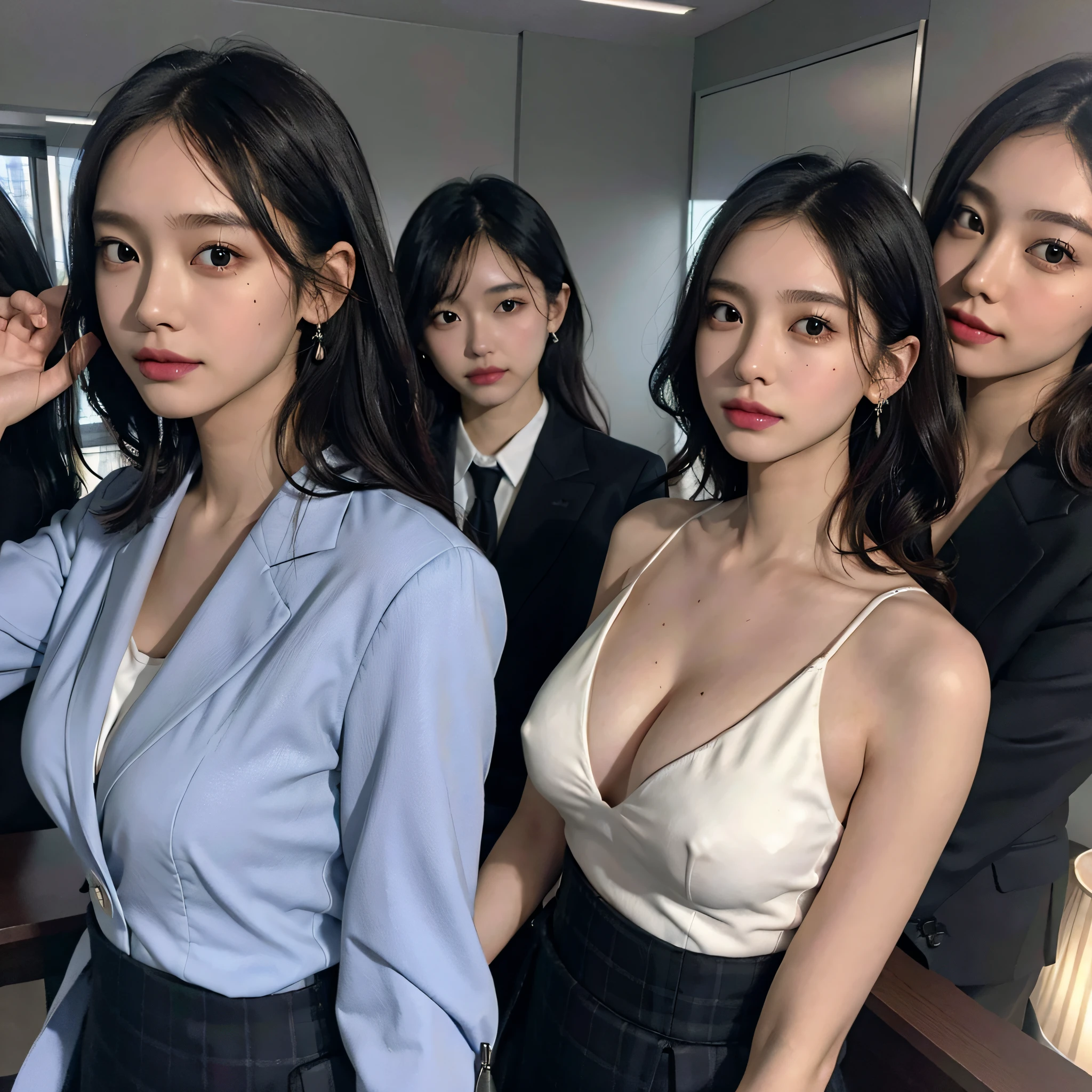 absurdres, RAW photo, extremely delicate and beautiful, masterpiece, Best Quality, ultra high resolution, 16k, hyperrealistic, ultra-detailed, Very detailed CG 8k wallpaper, Beautiful Lighting, Perfect Lightning, Realistic Shadows, perfect anatomy, super Detailed skin, perfect figure, Japanese woman, late 20s, very Slim body, narrow waist, very small head, handsome detailed woman, very detailed eyes and face, realistic face proportions, Stunning detailed eyes, Realistic beautiful face, very small face, Realistic small beautiful eyes, double eyelids, makeup, tearful mole, mole on chest, earring, bare legs, beautiful and very thin legs, beautiful and very thin thighs, (very huge round breasts:1.3), short hair, wavy hair, sweat, full body shot, (3 girls:1.5), (office lady suit:1.3), (skirt suit), (suit jacket), (blouse),