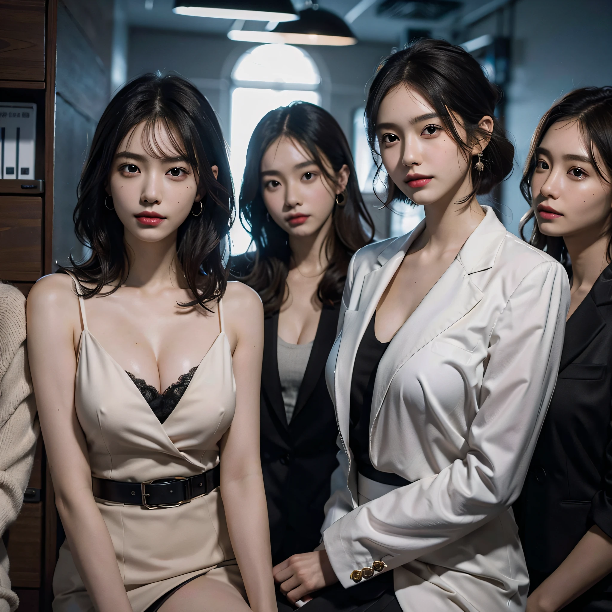 absurdres, RAW photo, extremely delicate and beautiful, masterpiece, Best Quality, ultra high resolution, 16k, hyperrealistic, ultra-detailed, Very detailed CG 8k wallpaper, Beautiful Lighting, Perfect Lightning, Realistic Shadows, perfect anatomy, super Detailed skin, perfect figure, Japanese woman, late 20s, very Slim body, narrow waist, very small head, handsome detailed woman, very detailed eyes and face, realistic face proportions, Stunning detailed eyes, Realistic beautiful face, very small face, Realistic small beautiful eyes, double eyelids, makeup, tearful mole, mole on chest, earring, bare legs, beautiful and very thin legs, beautiful and very thin thighs, (very huge round breasts:1.3), short hair, wavy hair, sweat, full body shot, (3 girls:1.5), (office lady suit:1.3), (skirt suit), (suit jacket), (blouse),