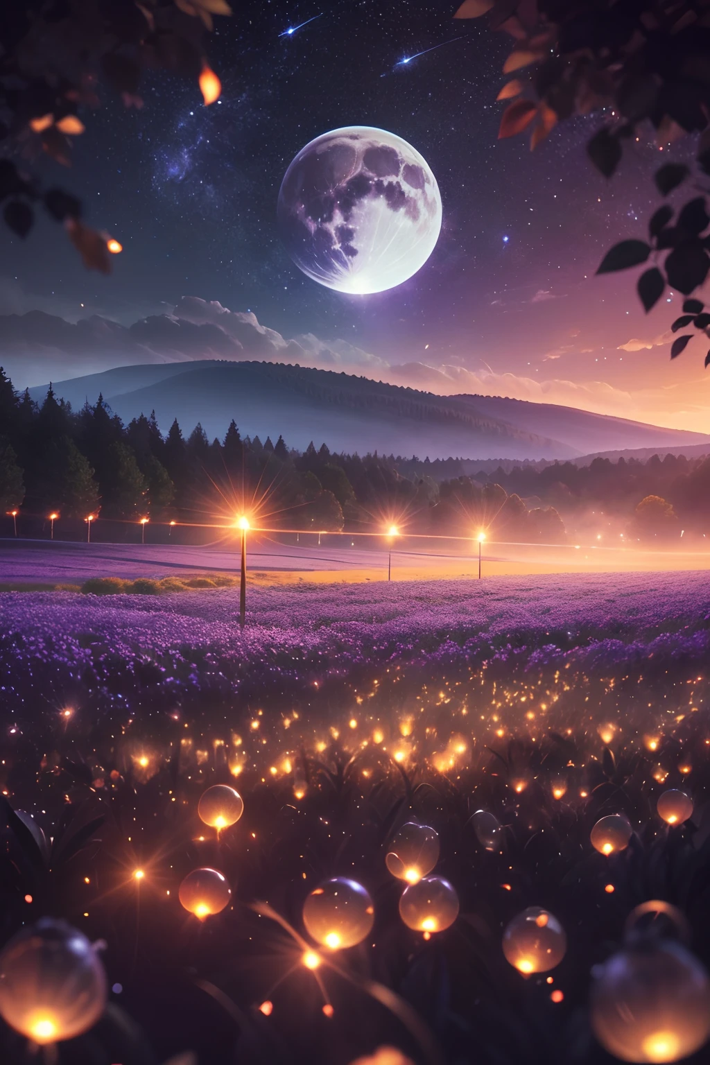 A field full of flowers with a full moon in the background - SeaArt AI