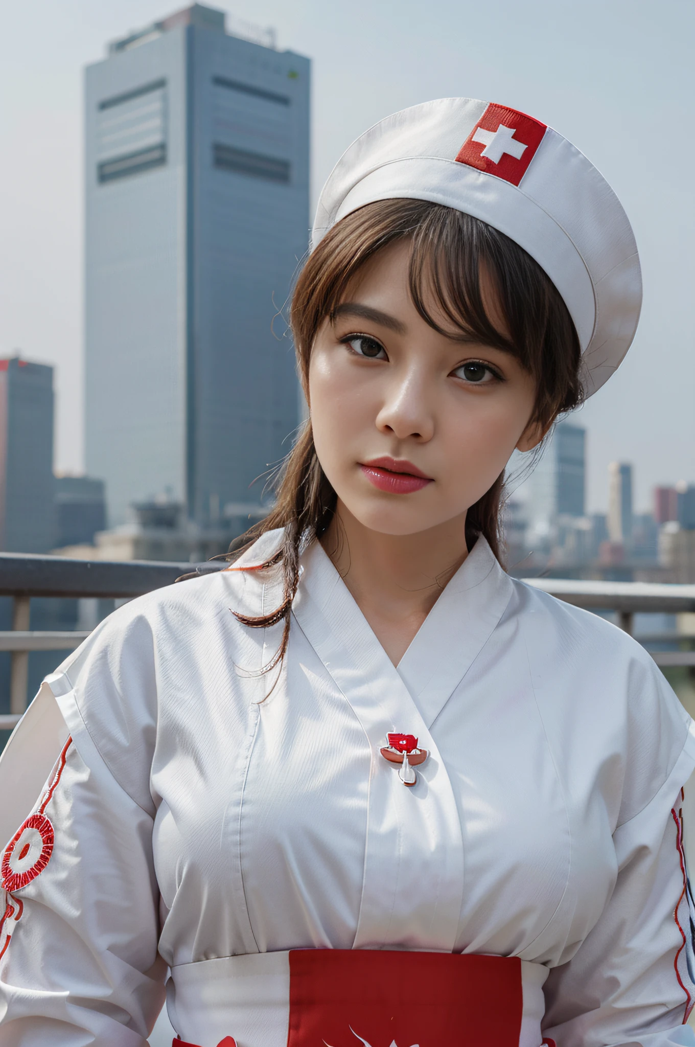 Illustration of a woman in a nurse's uniform, white kimono, with red rings, wearing a white hat with an embroidered red cross, (with a metropolis in the background), nurse girl, Nurse, in digital illustration style, Portrait of modern Darna , Art in the style of Z.em. Gu, a beautiful art illustration, Healthcare Professional, Official Art, stylized digital illustration, digital illustration -, Chinese Empress, (doctor).