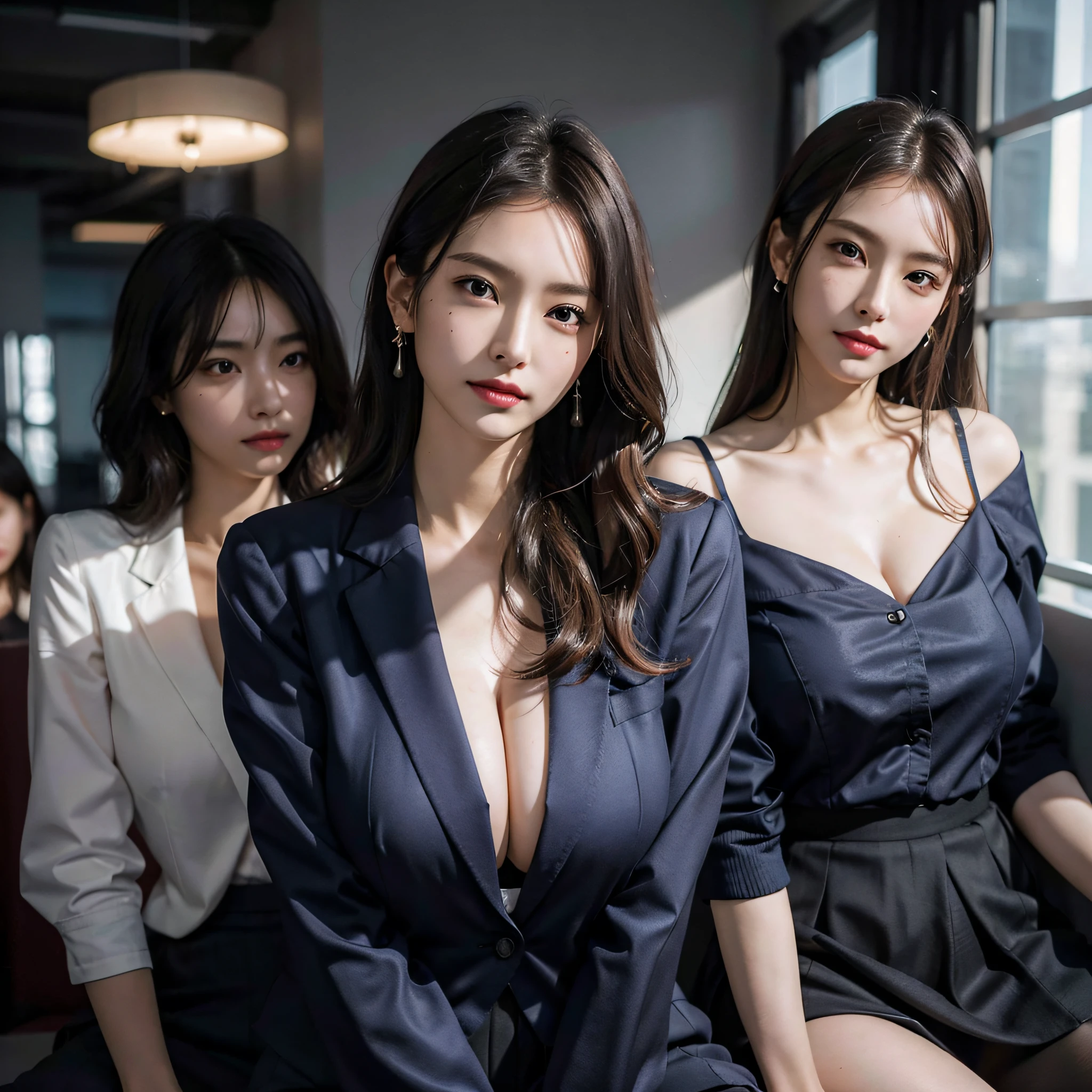 absurdres, RAW photo, extremely delicate and beautiful, masterpiece, Best Quality, ultra high resolution, 16k, hyperrealistic, ultra-detailed, Very detailed CG 8k wallpaper, Beautiful Lighting, Perfect Lightning, Realistic Shadows, perfect anatomy, super Detailed skin, perfect figure, Japanese woman, late 20s, very Slim body, narrow waist, very small head, handsome detailed woman, very detailed eyes and face, realistic face proportions, Stunning detailed eyes, Realistic beautiful face, very small face, Realistic small beautiful eyes, double eyelids, makeup, tearful mole, mole on chest, earring, bare legs, beautiful and very thin legs, beautiful and very thin thighs, (very huge round breasts:1.3), short hair, wavy hair, sweat, full body shot, (3 girls:1.5), (office lady suit:1.3), (skirt suit), (suit jacket), (blouse),