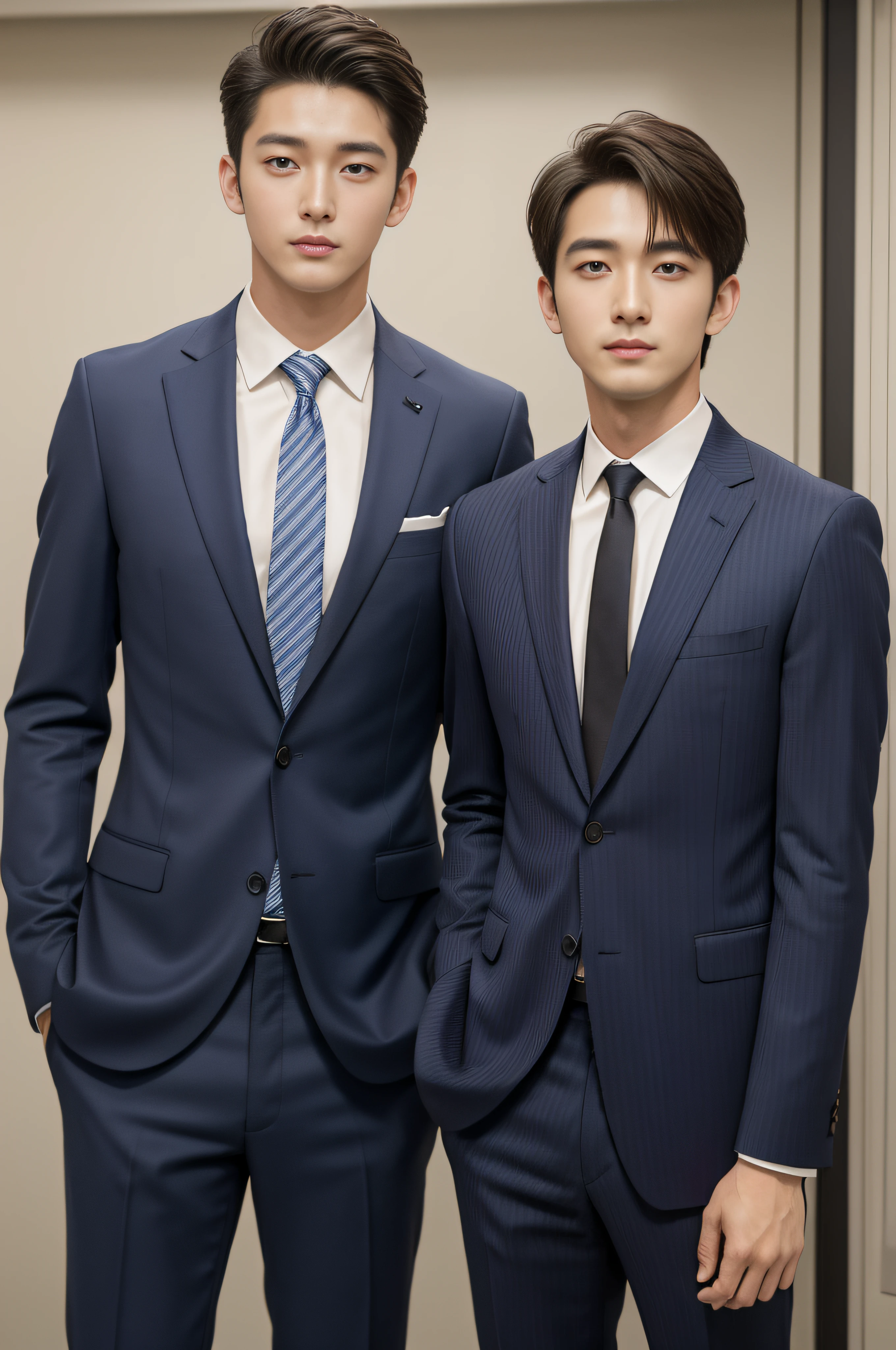 20-year-old refreshingly handsome new employee、（Super cool guy in a suit）、20 year old Japan boy、　businessman、　Ultra-luxury suits、　Striped suit、　s Office、Stand in a suitＳYoung handsome man、（Highly detailed photos in 8K）、（A highly detailedＳHandsome man in class）、Photo Real）、（top-quality）、ultra-detailliert、​masterpiece、An ultra-high picture quality、　tall、Very beautiful hair、Bright photo、Handsome like a model、　Handsome like an idol、　luxury watch、