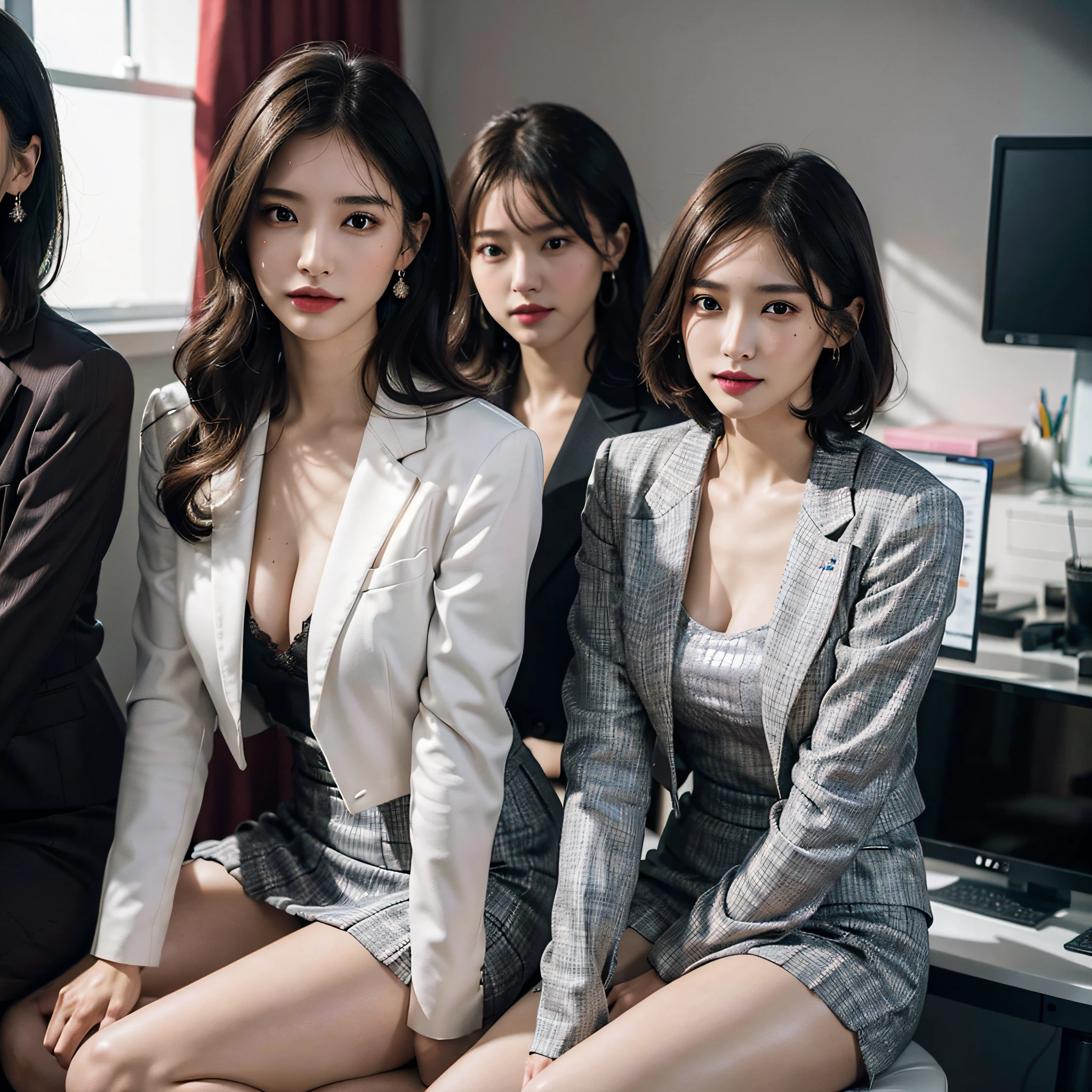 absurdres, RAW photo, extremely delicate and beautiful, masterpiece, Best Quality, ultra high resolution, 16k, hyperrealistic, ultra-detailed, Very detailed CG 8k wallpaper, Beautiful Lighting, Perfect Lightning, Realistic Shadows, perfect anatomy, super Detailed skin, perfect figure, Japanese woman, late 20s, very Slim body, narrow waist, very small head, handsome detailed woman, very detailed eyes and face, realistic face proportions, Stunning detailed eyes, Realistic beautiful face, very small face, Realistic small beautiful eyes, double eyelids, makeup, tearful mole, mole on chest, earring, bare legs, beautiful and very thin legs, beautiful and very thin thighs, (very huge round breasts:1.3), short hair, wavy hair, sweat, full body shot, (3 girls:1.5), (office lady suit:1.3), (skirt suit), (suit jacket), (blouse),