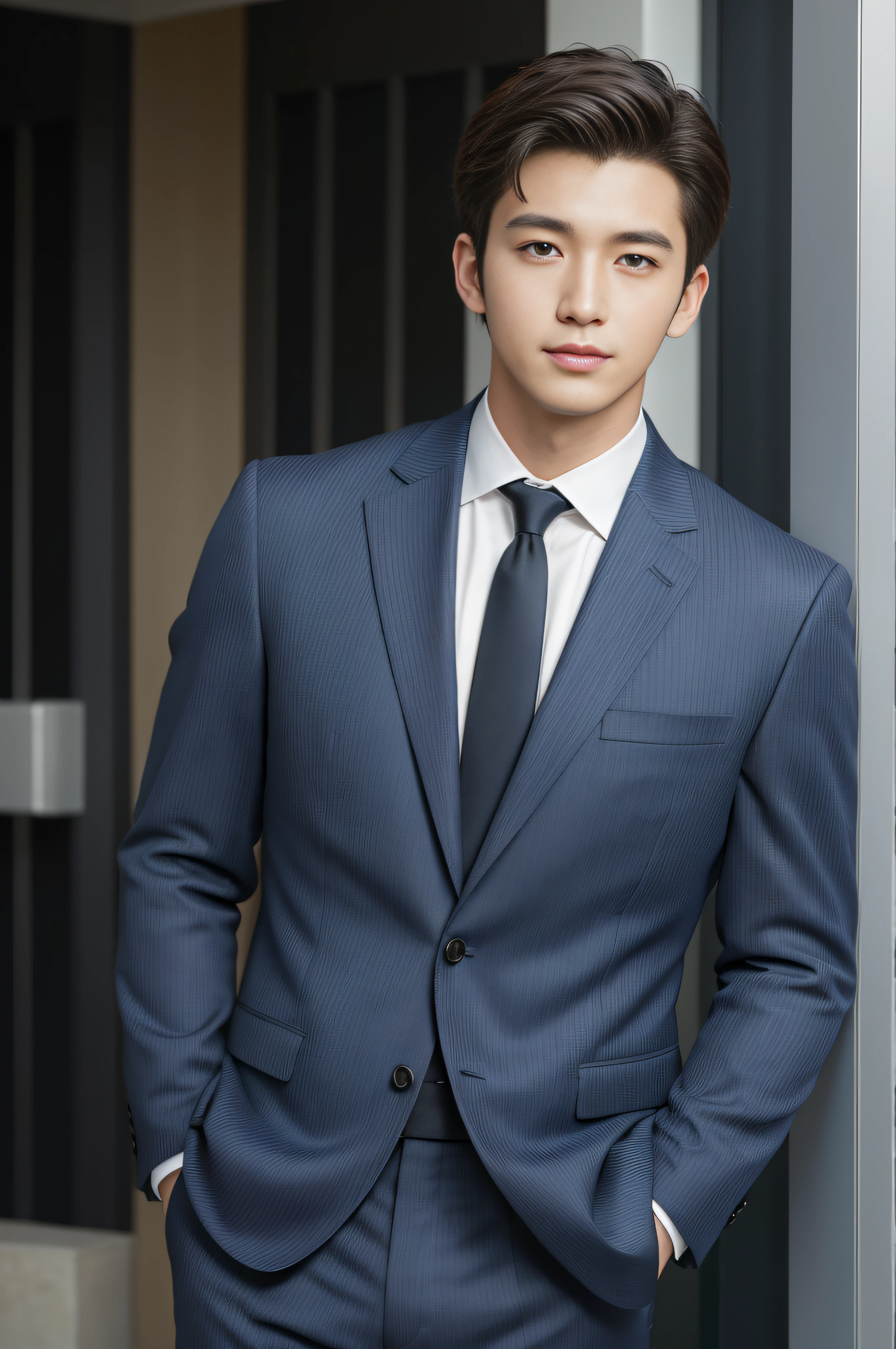 20-year-old refreshingly handsome new employee、（Super cool guy in a suit）、20 years old Japan man、1人、businessman、Ultra-luxury suits、Striped suit、　s Office、Young handsome man standing in suit、（Highly detailed photos in 8K）、（Very detailed handsome man）、Photo Real）、（top-quality）、ultra-detailliert、​masterpiece、An ultra-high picture quality、tall、Very beautiful hair、Bright photo、Handsome like a model、Handsome like an idol、luxury watch、