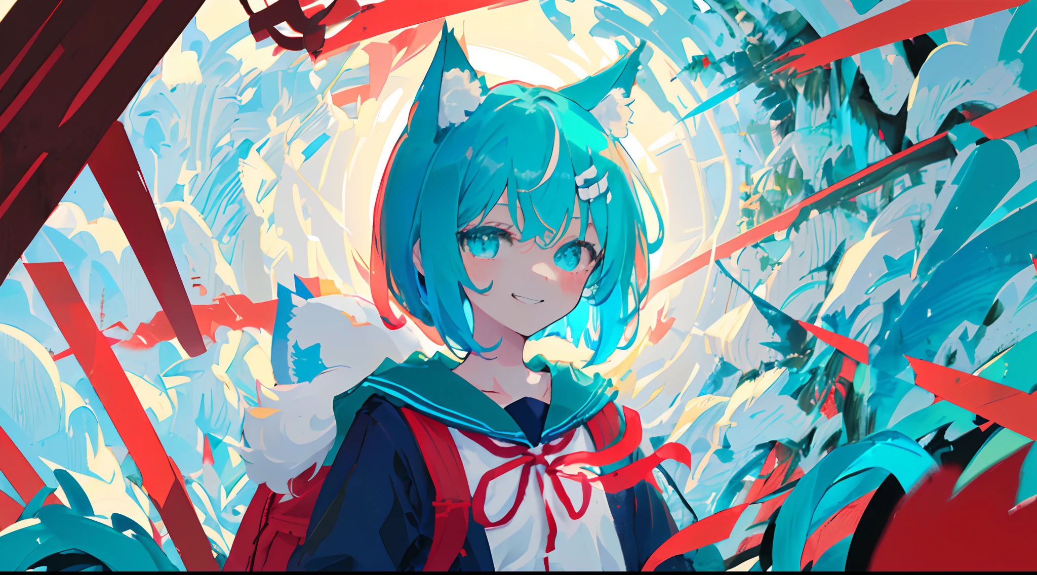 portrait of ((solo catgirl)), ((short fluffy turquoise hair in a wavy bob-cut)), ((turquoise nekomimi)), flat-chested, smug grin, from below, low angle, (dark blue and white high school uniform, red ribbon), chaotic colorful background, masterpiece, (facing forward), squinted eyes, (dark turquoise eyes), (red backpack), belt