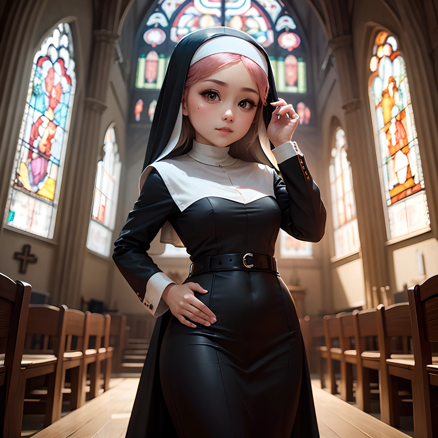 masterpiece、top-quality、ultra-detailliert、(Chibi Nun:1.2)、独奏、Cosplay、inside a church、stain glass、doa