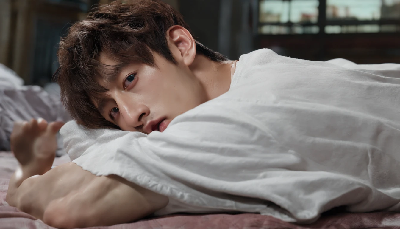 Jungkook from bts Lying on a bed with no clothes with his penis releasing cum