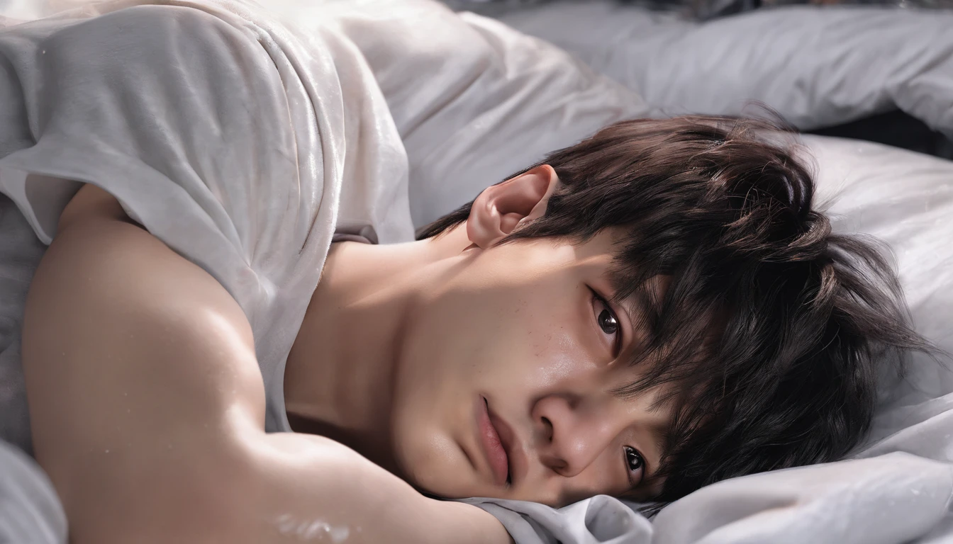 Jungkook from bts Lying on a bed with no clothes with his penis releasing cum