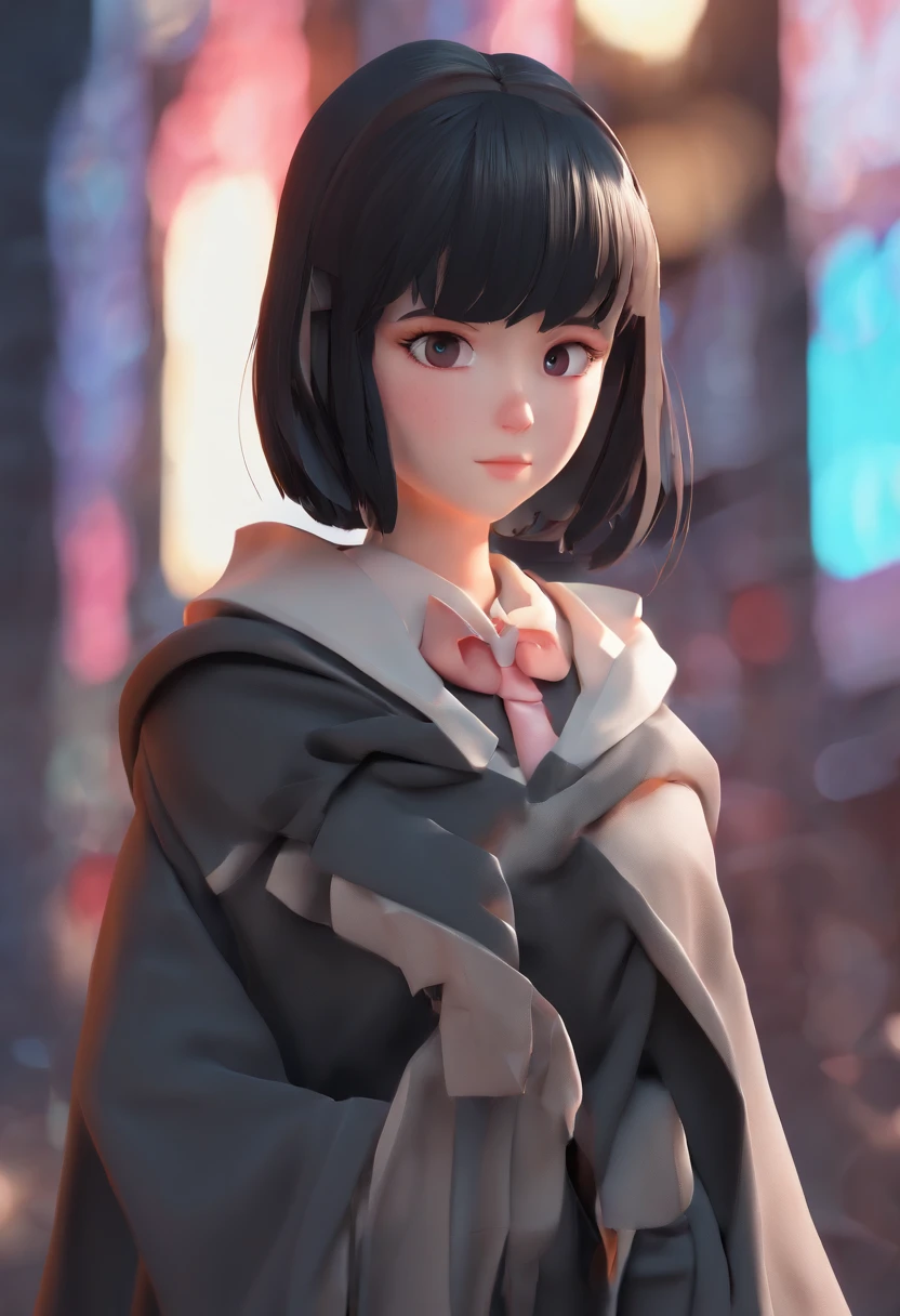 1girl, loli, short hair, black hair, chara (Undertale), gray cape, serious face, short pans