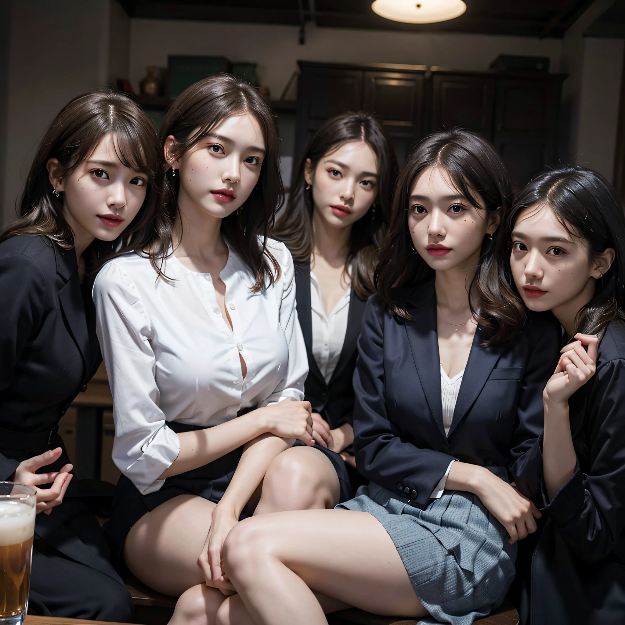 absurdres, RAW photo, extremely delicate and beautiful, masterpiece, Best Quality, ultra high resolution, 16k, hyperrealistic, ultra-detailed, Very detailed CG 8k wallpaper, Beautiful Lighting, Perfect Lightning, Realistic Shadows, perfect anatomy, super Detailed skin, perfect figure, Japanese woman, late 20s, very Slim body, narrow waist, very small head, handsome detailed woman, very detailed eyes and face, realistic face proportions, Stunning detailed eyes, Realistic beautiful face, very small face, Realistic small beautiful eyes, double eyelids, makeup, tearful mole, mole on chest, earring, bare legs, beautiful and very thin legs, beautiful and very thin thighs, (very huge round breasts:1.3), short hair, wavy hair, sweat, full body shot, (3 girls:1.5), (office lady suit:1.3), (skirt suit), (suit jacket), (blouse),