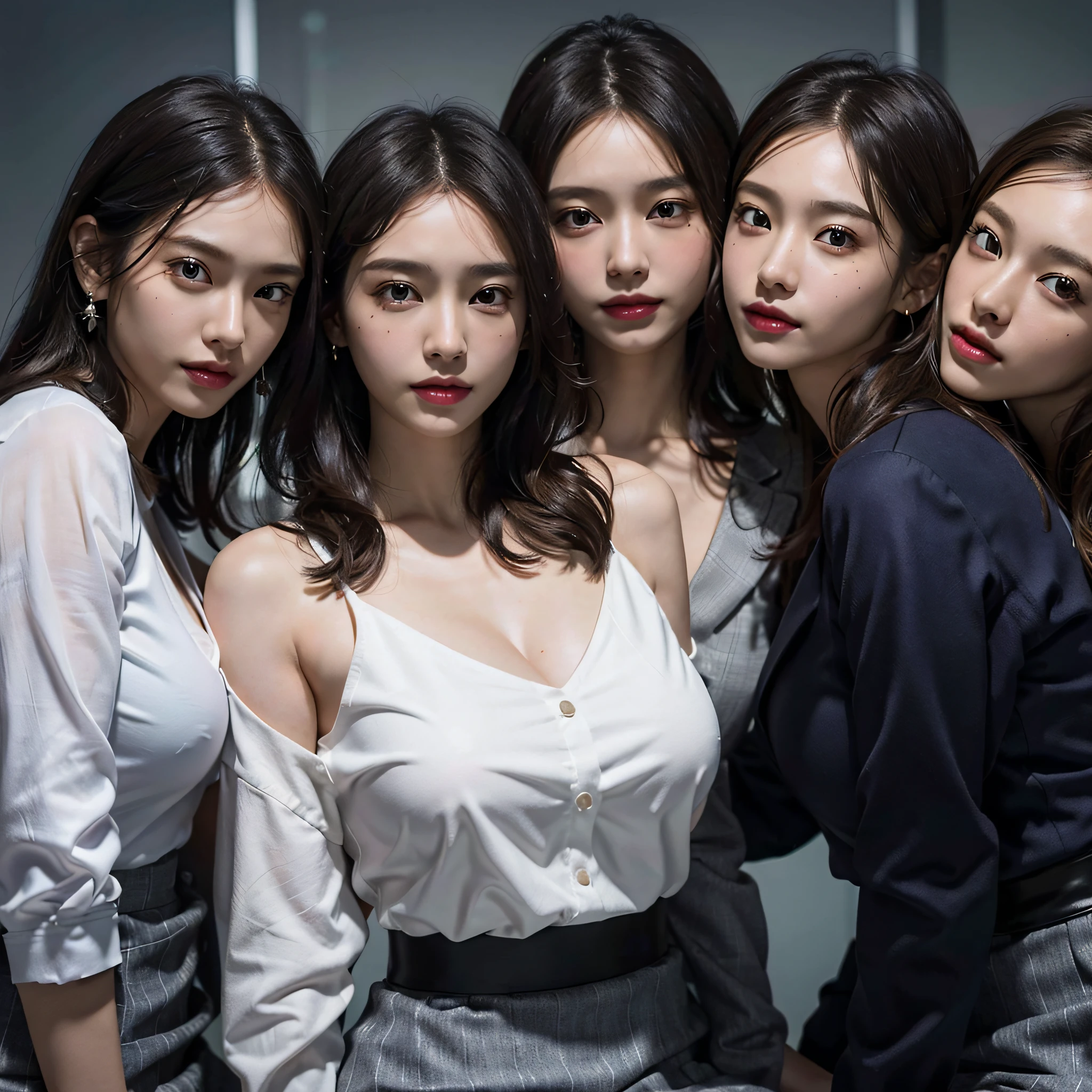 absurdres, RAW photo, extremely delicate and beautiful, masterpiece, Best Quality, ultra high resolution, 16k, hyperrealistic, ultra-detailed, Very detailed CG 8k wallpaper, Beautiful Lighting, Perfect Lightning, Realistic Shadows, perfect anatomy, super Detailed skin, perfect figure, Japanese woman, late 20s, very Slim body, narrow waist, very small head, handsome detailed woman, very detailed eyes and face, realistic face proportions, Stunning detailed eyes, Realistic beautiful face, very small face, Realistic small beautiful eyes, double eyelids, makeup, tearful mole, mole on chest, earring, bare legs, beautiful and very thin legs, beautiful and very thin thighs, (very huge round breasts:1.3), short hair, wavy hair, sweat, full body shot, (3 girls:1.5), (office lady suit:1.3), (skirt suit), (suit jacket), (blouse),
