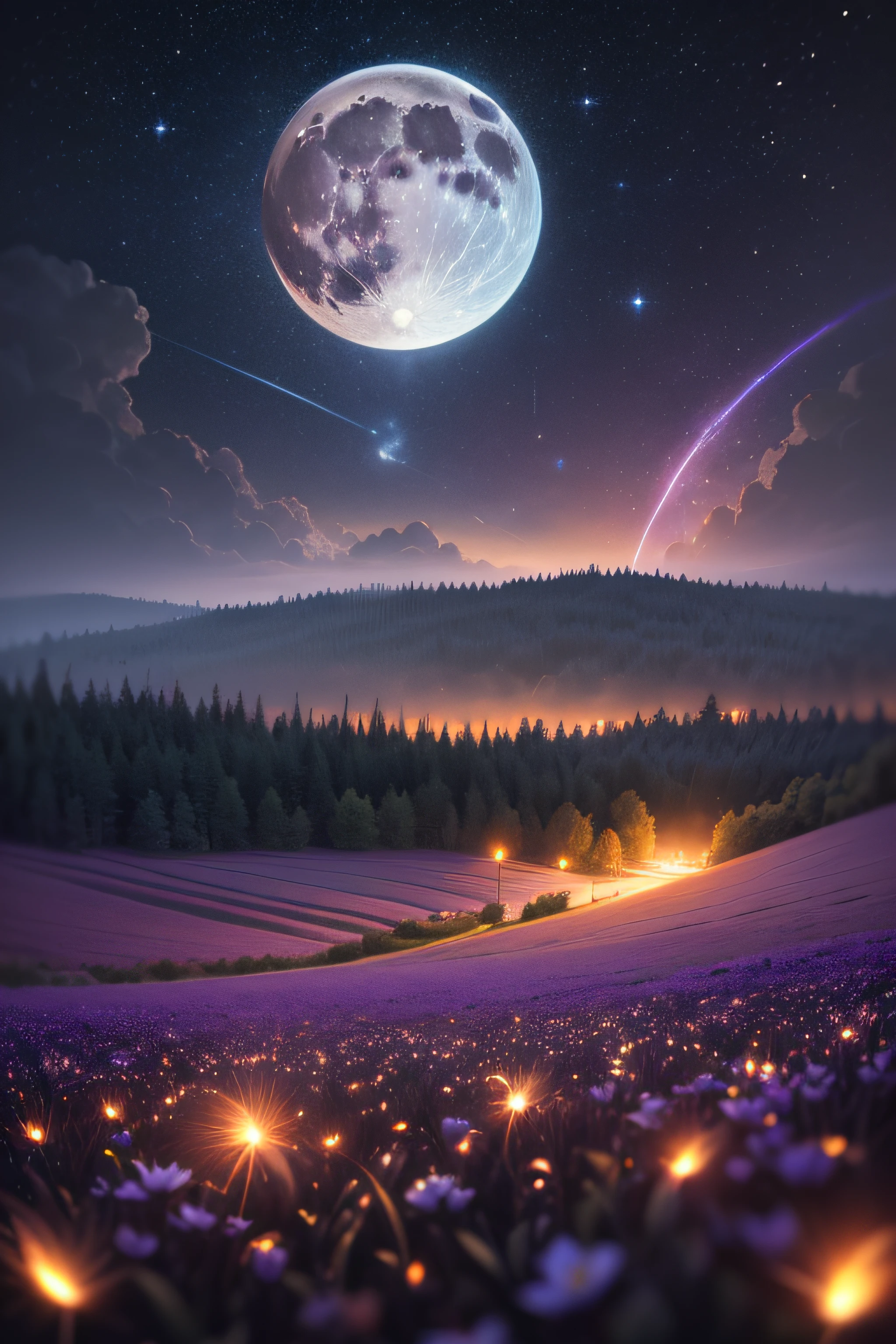 expansive landscape photograph , (View from below, showing the sky above and the fields below), blossom flower field, (fullmoon:1.2), (shooting stars:0.9), (nebulous:1.3), distant mountains , WOOD BREAK PRODUCTION ART, (warm light source:1.2), (fireflies:1.2), lamps, Lots of purple and orange, intricated details, Volumetric lighting, REALISM BREAK(​masterpiece:1.2), (Top  Quality), 4k, Ultra-detail, (Dynamic configuration:1.4), Very detailed and colorful details,(Rainbow colors:1.2), (Glowing lights, Atmospheric lighting), Dreamy, Magical, (Solo:1.2)