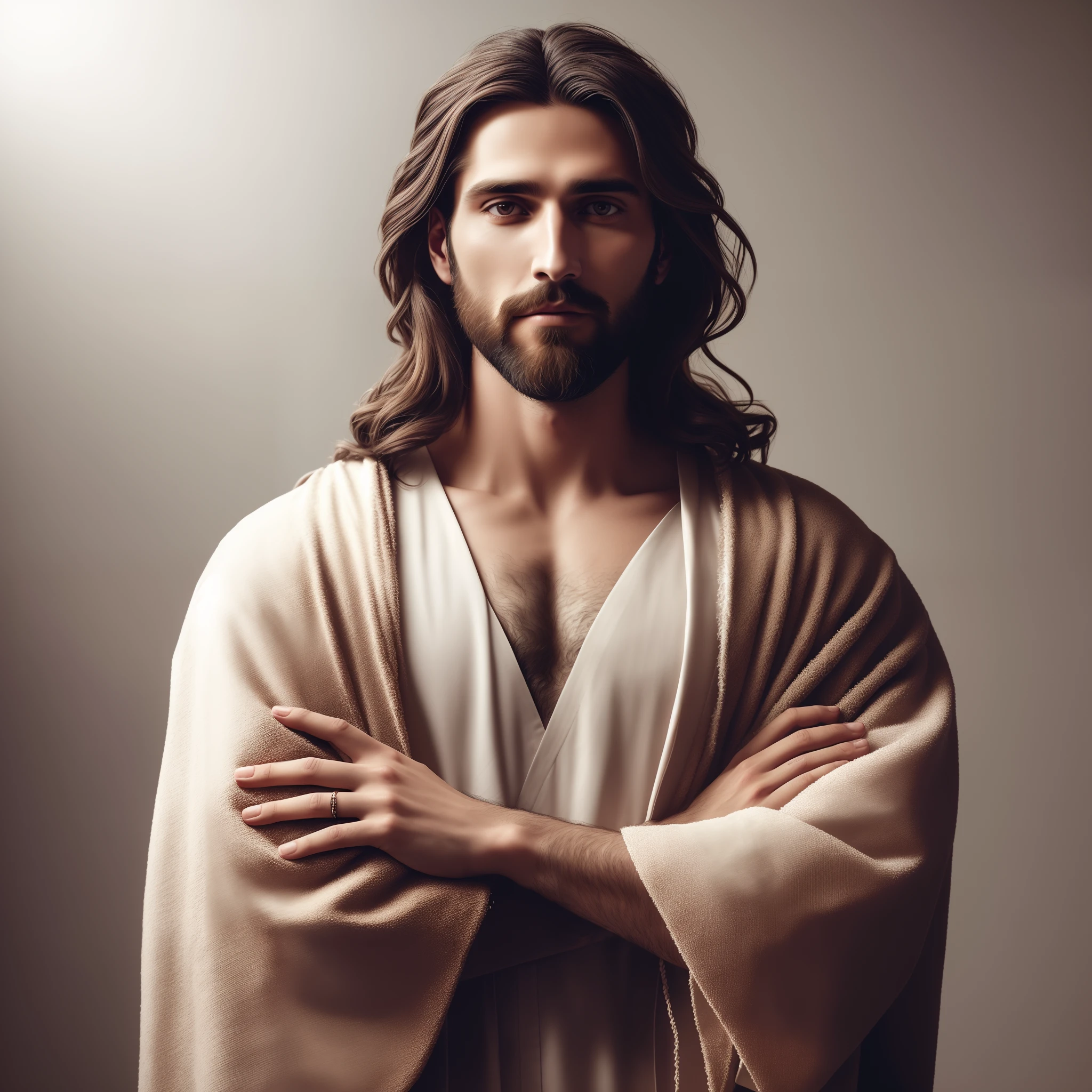 a close up of a man with a beard and a robe, jesus christ, dressed like jesus christ, portrait of jesus christ, jesus of nazareth, jesus, jesus face, the lord and savior, handsome man, beautiful man, jesus wasted at a party, holy themed, male with halo, jesus christ smoking a blunt, jesus christ in mass effect