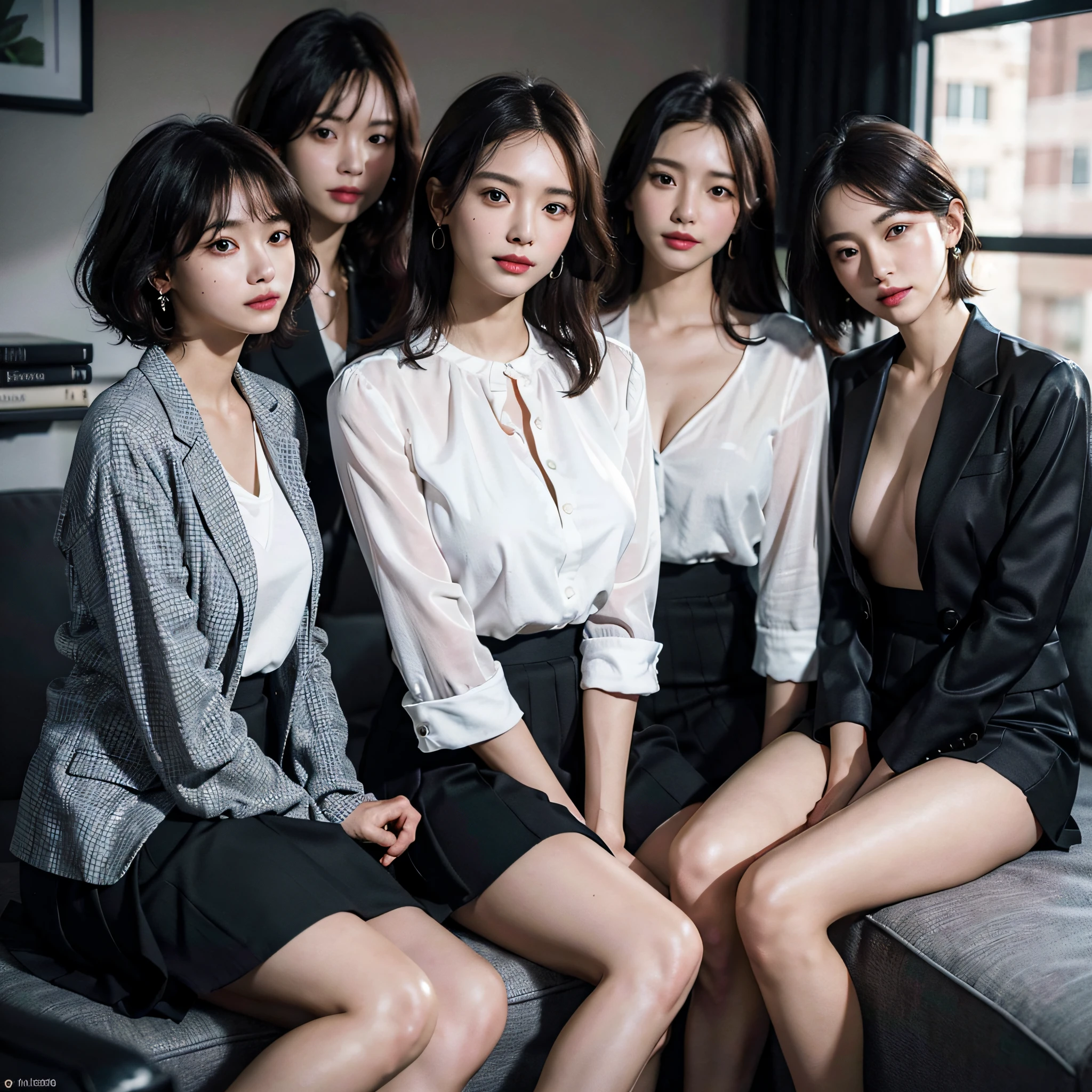 absurdres, RAW photo, extremely delicate and beautiful, masterpiece, Best Quality, ultra high resolution, 16k, hyperrealistic, ultra-detailed, Very detailed CG 8k wallpaper, Beautiful Lighting, Perfect Lightning, Realistic Shadows, perfect anatomy, super Detailed skin, perfect figure, Japanese woman, late 20s, very Slim body, narrow waist, very small head, handsome detailed woman, very detailed eyes and face, realistic face proportions, Stunning detailed eyes, Realistic beautiful face, very small face, Realistic small beautiful eyes, double eyelids, makeup, tearful mole, mole on chest, earring, bare legs, beautiful and very thin legs, beautiful and very thin thighs, (very huge round breasts:1.3), short hair, wavy hair, sweat, full body shot, (3 girls:1.5), (office lady suit:1.3), (skirt suit), (suit jacket), (blouse),