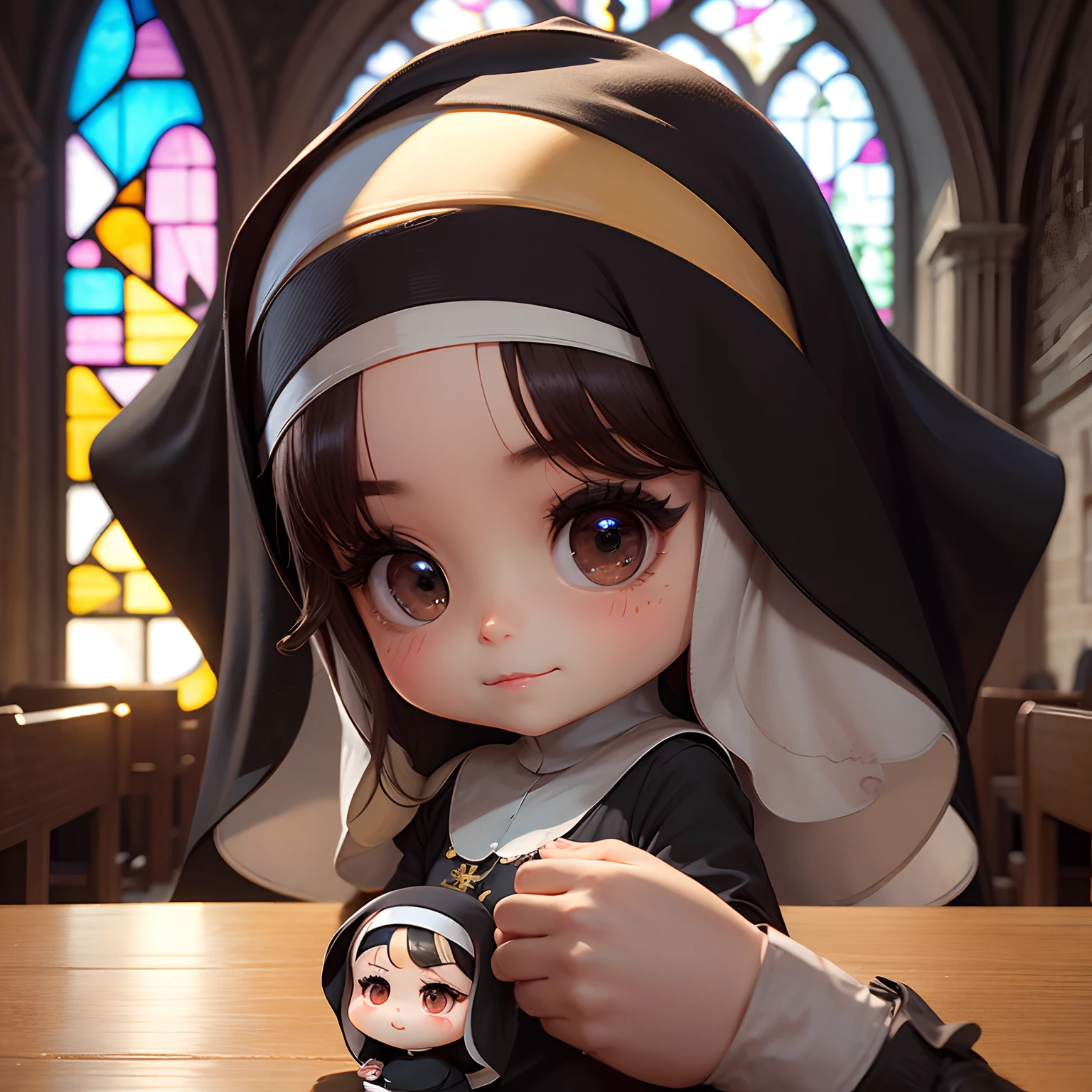 masterpiece、top-quality、ultra-detailliert、(Chibi Nun:1.4)、独奏、Cosplay、inside a church、stain glass、doa