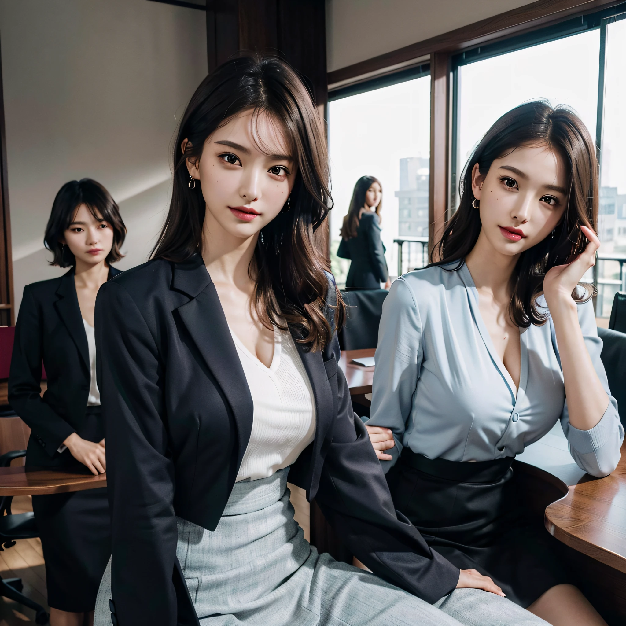 absurdres, RAW photo, extremely delicate and beautiful, masterpiece, Best Quality, ultra high resolution, 16k, hyperrealistic, ultra-detailed, Very detailed CG 8k wallpaper, Beautiful Lighting, Perfect Lightning, Realistic Shadows, perfect anatomy, super Detailed skin, perfect figure, Japanese woman, late 20s, very Slim body, narrow waist, very small head, handsome detailed woman, very detailed eyes and face, realistic face proportions, Stunning detailed eyes, Realistic beautiful face, very small face, Realistic small beautiful eyes, double eyelids, makeup, tearful mole, mole on chest, earring, bare legs, beautiful and very thin legs, beautiful and very thin thighs, (very huge round breasts:1.3), short hair, wavy hair, sweat, full body shot, (3 girls:1.5), (office lady suit:1.3), (skirt suit), (suit jacket), (blouse),