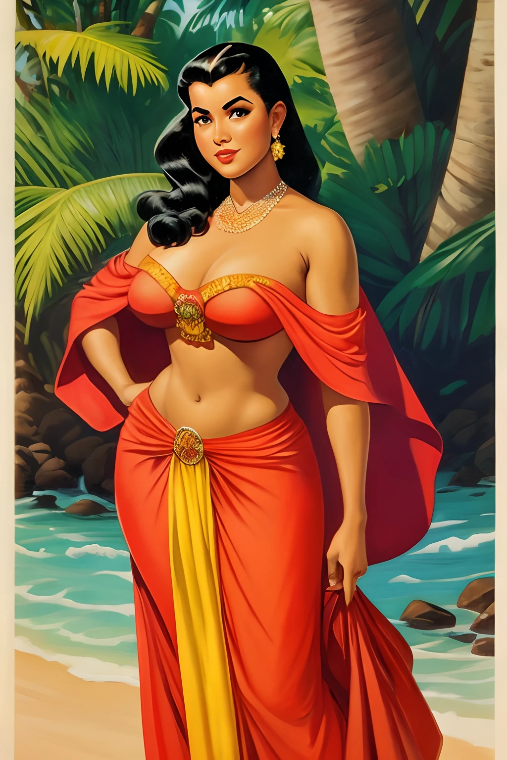 Arte inspirada John Buscema, Pinup poster of a Hawaiian woman, cabelos longos ondulados, cabelos castanhos, olhos negros, corpo delgado, middlebreasts, wearing a traditional Native Hawaiian outfit, jovem donzela, bonita, atraente e sedutora, standing on her feet, segurando um colar de flores, corpo inteiro de frente para uma linda praia