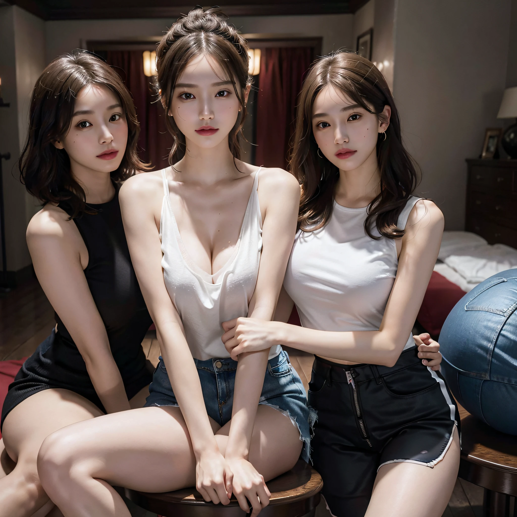 absurdres, RAW photo, extremely delicate and beautiful, masterpiece, Best Quality, ultra high resolution, 16k, hyperrealistic, ultra-detailed, Very detailed CG 8k wallpaper, Beautiful Lighting, Perfect Lightning, Realistic Shadows, perfect anatomy, super Detailed skin, perfect figure, Japanese woman, late 20s, very Slim body, narrow waist, very small head, handsome detailed woman, very detailed eyes and face, realistic face proportions, Stunning detailed eyes, Realistic beautiful face, very small face, Realistic small beautiful eyes, double eyelids, makeup, tearful mole, mole on chest, earring, bare legs, beautiful and very thin legs, beautiful and very thin thighs, (very huge round breasts:1.3), short hair, wavy hair, sweat, full body shot, (3 girls:1.5), sleeveless, bare arms, bare legs, tight-fitting, cropped T-shirt, workout wear, running shorts,