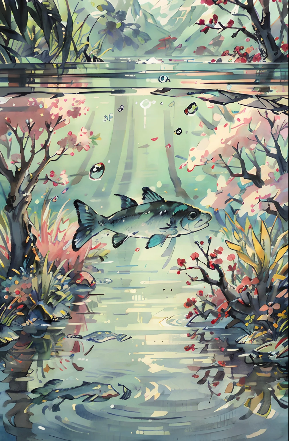 Masterpiece, best quality: 1.2, traditional Chinese ink painting, bluegrass, fish, underwater, dreamy, ethereal, colorful, bubbles