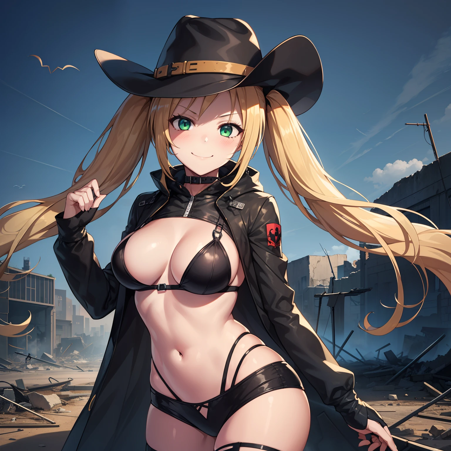 1girl,big breasts,standing in ruined city,(8k),scratches,detailed face,blond hair,green eyes,long hair,twintails,embarassed,small smile face,high_res, high_definition,the battlefield,Heroic pose,dark suit,mini cowboy hat,(symbiote spider man Custome:1.1),