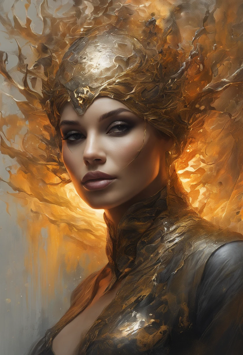 Estilo Modelshoot, Fantastic gold and black beams, tons de dourado, laranja e pastel, transmitir suavidade, olhar sedutor, olhos cor de mel, (papel de parede CG unity 8k extremamente detalhado), chaotic storm of intricate liquid smoke in the head, beleza estilizada retrato abstrato de corpo inteiro, pele molhada, por petros afshar, Tran Ross, Tom Baleia, Pedro Mohrbacher, Artgerm, shattered glass, ((bubbly underwater scenery)) Highly detailed octane radiant light rendering ((Evil Aesthetics))