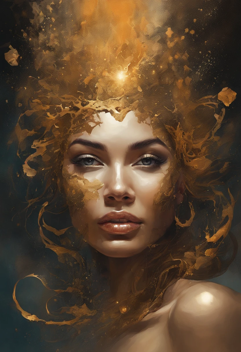Estilo Modelshoot, Fantastic gold and black beams, tons de dourado, laranja e pastel, transmitir suavidade, olhar sedutor, olhos cor de mel, (papel de parede CG unity 8k extremamente detalhado), chaotic storm of intricate liquid smoke in the head, beleza estilizada retrato abstrato de corpo inteiro, pele molhada, por petros afshar, Tran Ross, Tom Baleia, Pedro Mohrbacher, Artgerm, shattered glass, ((bubbly underwater scenery)) Highly detailed octane radiant light rendering ((Evil Aesthetics))