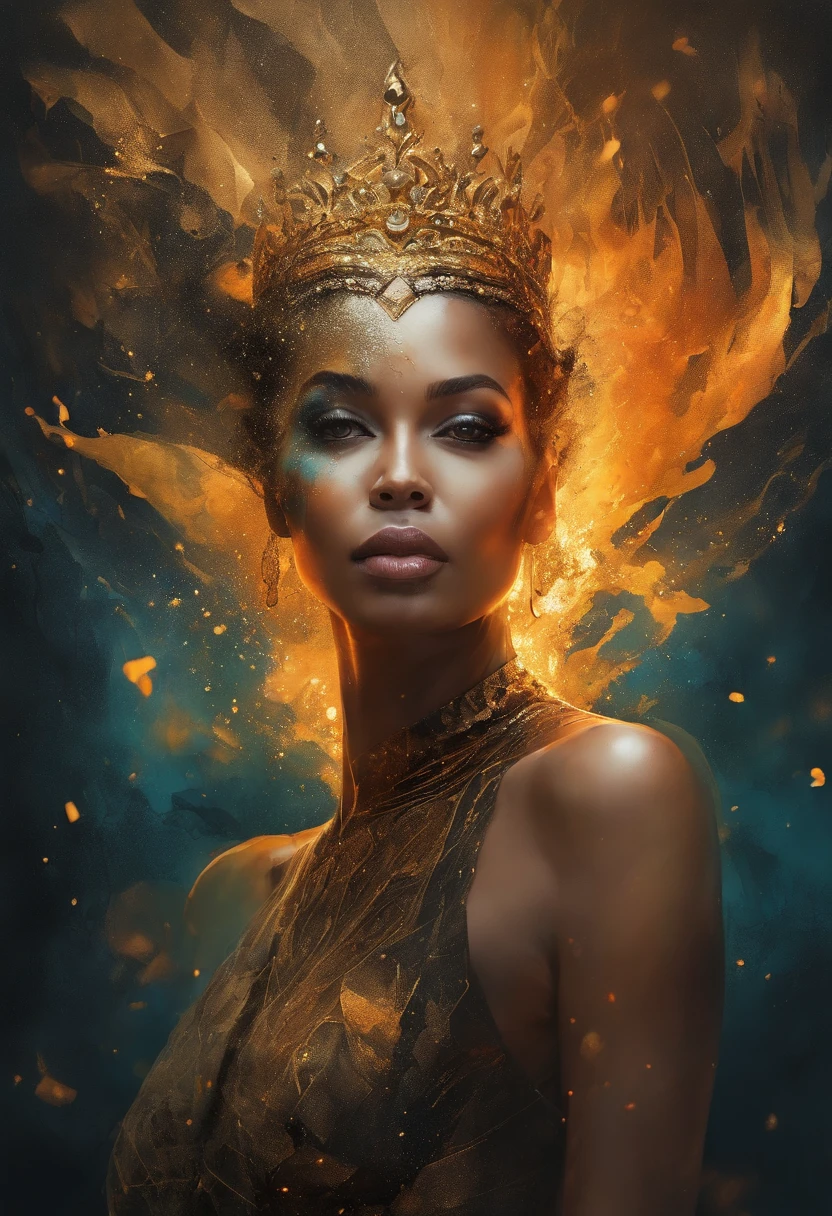 Estilo Modelshoot, Fantastic gold and black beams, tons de dourado, laranja e pastel, transmitir suavidade, olhar sedutor, olhos cor de mel, (papel de parede CG unity 8k extremamente detalhado), chaotic storm of intricate liquid smoke in the head, beleza estilizada retrato abstrato de corpo inteiro, pele molhada, por petros afshar, Tran Ross, Tom Baleia, Pedro Mohrbacher, Artgerm, shattered glass, ((bubbly underwater scenery)) Highly detailed octane radiant light rendering ((Evil Aesthetics))