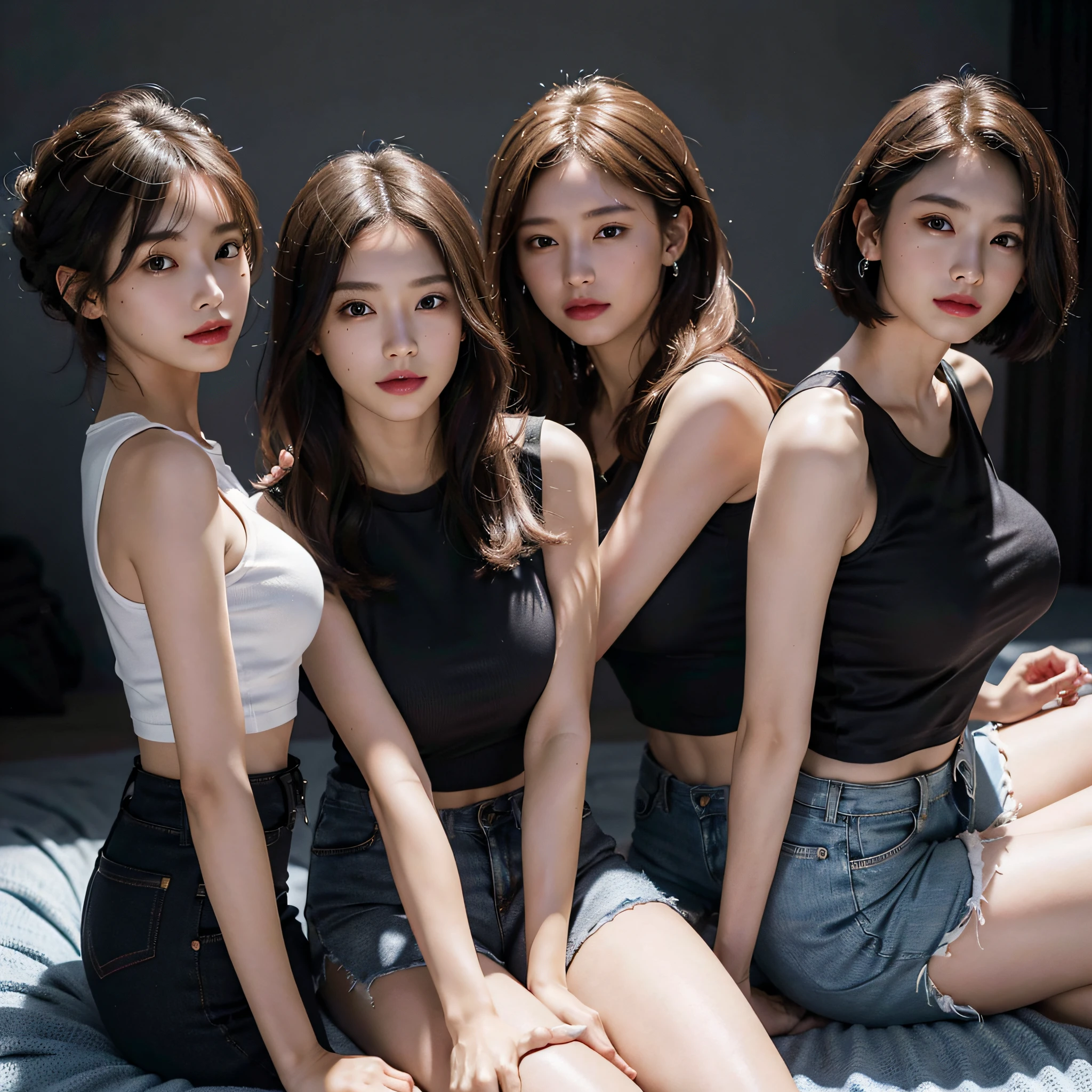 "photo of 5 beautiful girls, ages 18 to 20, (((3 girls with messy hair black hair style)),((1 girl with wavy bob black hair style)),((1 girl with a black ponytail))), Aesthetic bedroom background, ultra HD, 4k, photorealistic, raw, masterpiece"