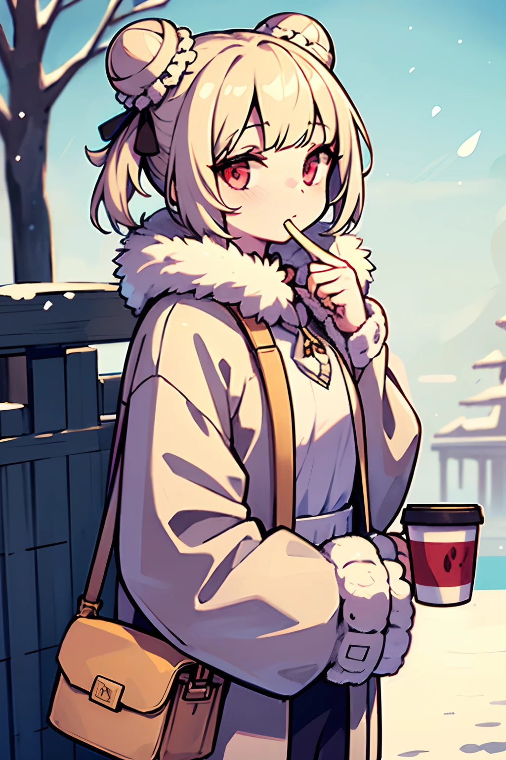 (masterpiece), (best quality), (highly detailed), 1girl, solo, red eyes, holding, disposable cup, looking at viewer, holding cup, outdoors, snowfield,longer sleeves,By bangs,cup,coffee cup,tree,Closed mouth,Bare tree,Fur trimming,White hair between blonde eyes,ribbon,Open your clothes,bag,Winters,black ribbon,nevando,whaite hair,Manteau,shairband,Fa bun,The upper part of the body,jaket,Lateral hair,Blushlush,Fur collar,seashell