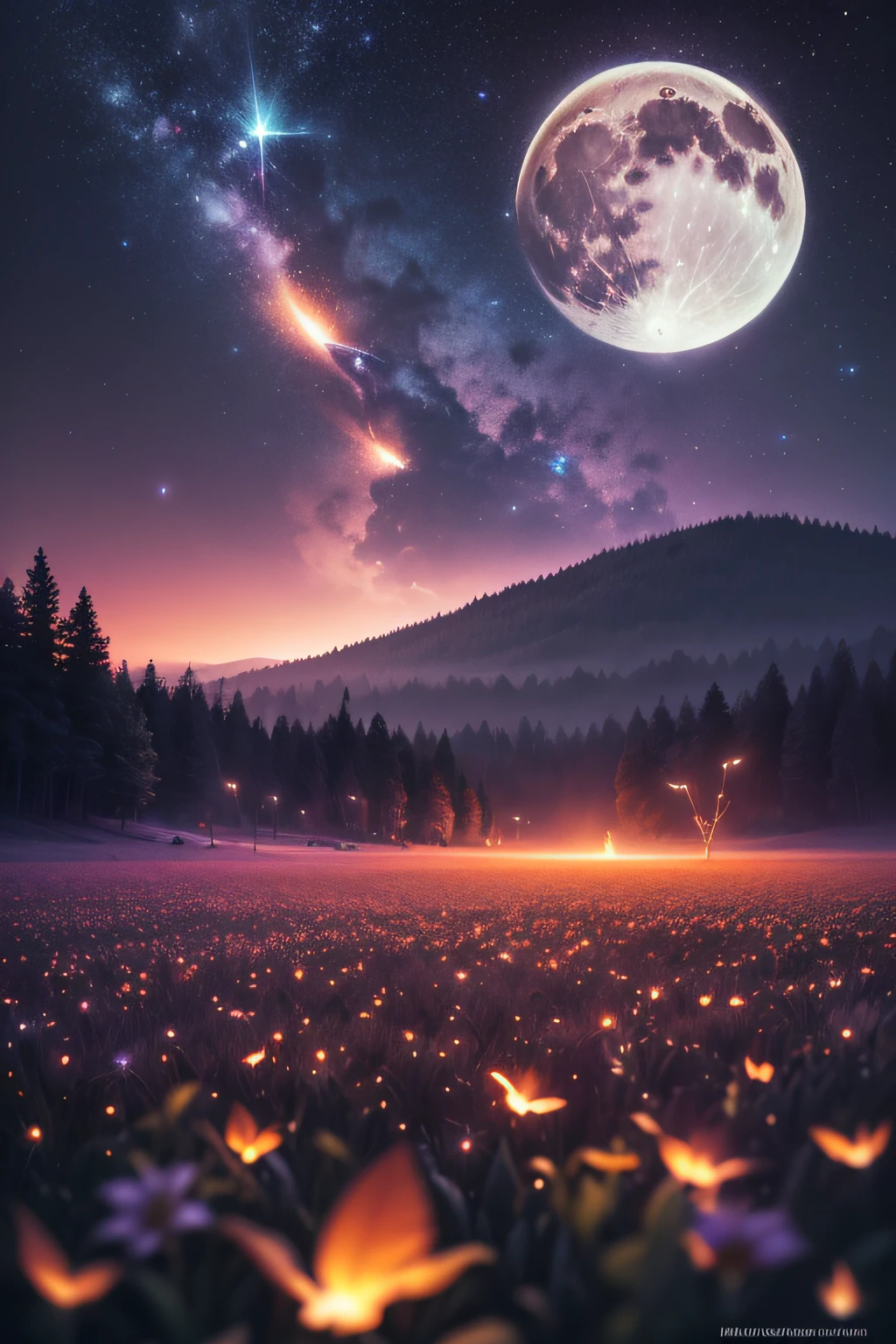 expansive landscape photograph , (View from below, showing the sky above and the fields below), blossom flower field, (fullmoon:1.2), (shooting stars:0.9), (nebulous:1.3), distant mountains , WOOD BREAK PRODUCTION ART, (warm light source:1.2), (fireflies:1.2), lamps, Lots of purple and orange, intricated details, Volumetric lighting, REALISM BREAK(masterpiece:1.2), (Top Quality), 4k, Ultra-detail, (Dynamic configuration:1.4), Very detailed and colorful details,(Rainbow colors:1.2), (Glowing lights, Atmospheric lighting), Dreamy, Magical, (Solo:1.2)