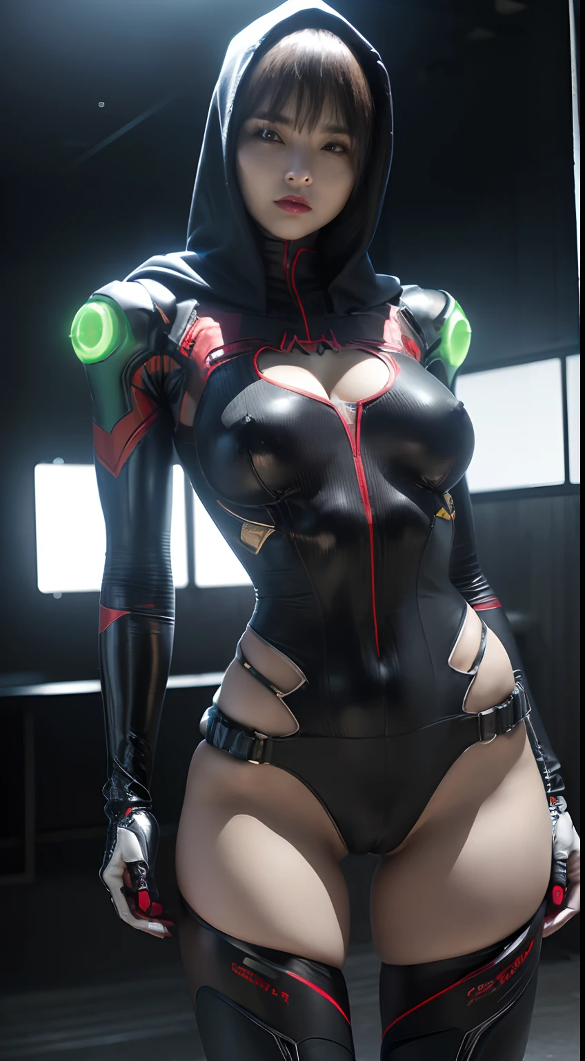 ((highest quality)), ((​master piece)), (detail:1.4), ((Material : woman/demon/skeleton/zombie/iron man/Batman/spider-man/Samus)), Beautiful woman in bodysuit  cyber gray carbon, Pale glow with LED, ((Wide open chest)), Hip and thigh skin, Ticker (High dynamic range), Ray tracing, NVIDIA RTX, Super Resolution, Subsurface Scattering PBR Texture, Post-processing  , Anisotropy Filtering, depth of field, Surface Shading, Accurate light/Material Interaction Simulation, perfect proportions, Two-tone lighting, Wide aperture, Low ISO, White Balance, 8K, (((Cameltoe))), NSFW, (((Female  Height))), Female 25 years old, Cyber ​​hood with dull glowing LED, knee high, Bulge, Puffy nipples, Dull bangs, beautiful long straight hair, ((Cyber ​​hood with dull glowing LED)), hair  beautiful black straight, open stance, Cowboy Shot, Hip and thigh skin, Beautiful body, Navel visible on bare skin, Chest feels gravity, (Large breasts: 1.3), Simple and minimalist space, Natural sexy pose, Looking down,