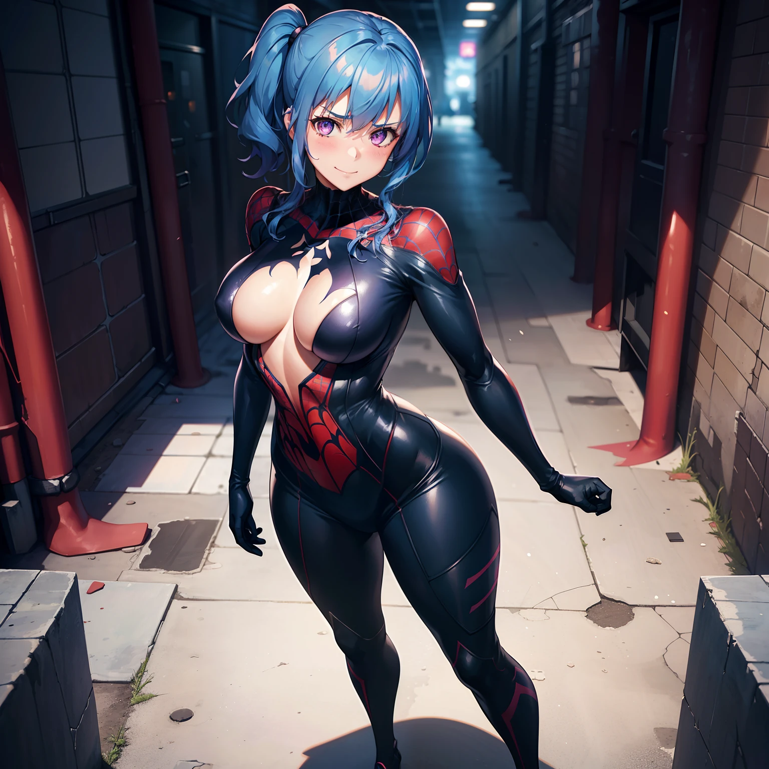 1girl,big breasts,standing in ruined city,(8k),scratches,detailed face,blue hair,purple eyes,medium hair,side ponytail,embarassed,small smile face,high_res, high_definition,the battlefield,sexy pose,dark suit,(symbiote spider man Custome:1.1),