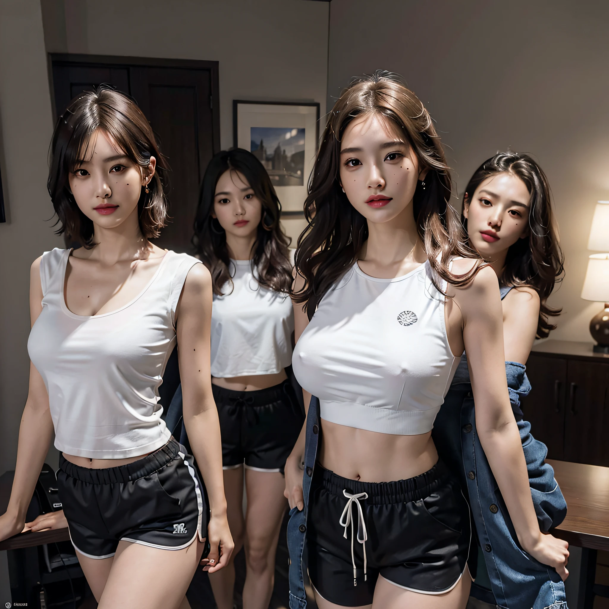 absurdres, RAW photo, extremely delicate and beautiful, masterpiece, Best Quality, ultra high resolution, 16k, hyperrealistic, ultra-detailed, Very detailed CG 8k wallpaper, Beautiful Lighting, Perfect Lightning, Realistic Shadows, perfect anatomy, super Detailed skin, perfect figure, Japanese woman, late 20s, very Slim body, narrow waist, very small head, handsome detailed woman, very detailed eyes and face, realistic face proportions, Stunning detailed eyes, Realistic beautiful face, very small face, Realistic small beautiful eyes, double eyelids, makeup, tearful mole, mole on chest, earring, bare legs, beautiful and very thin legs, beautiful and very thin thighs, (very huge round breasts:1.3), short hair, wavy hair, sweat, full body shot, (3 girls:1.5), sleeveless, bare arms, bare legs, tight-fitting, cropped T-shirt, workout wear, (running shorts:1.3), (Female masturbation),