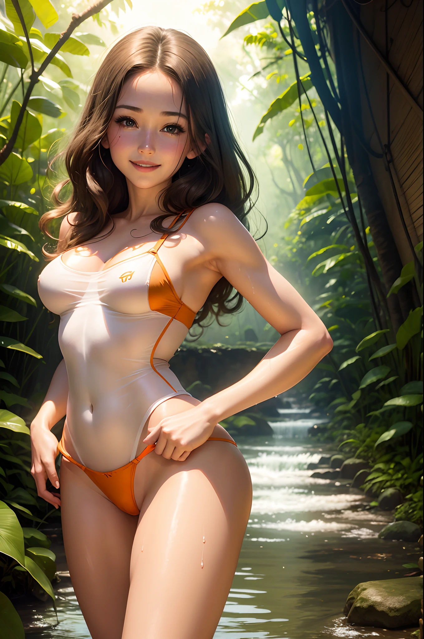 Young woman、Linda Carter、a smile
、Bare breast、naked、tits outt、 thin orange thong bodysuit lingerie、thong、White sheer high-leg undershorts、のShow through、getting wet、jungles