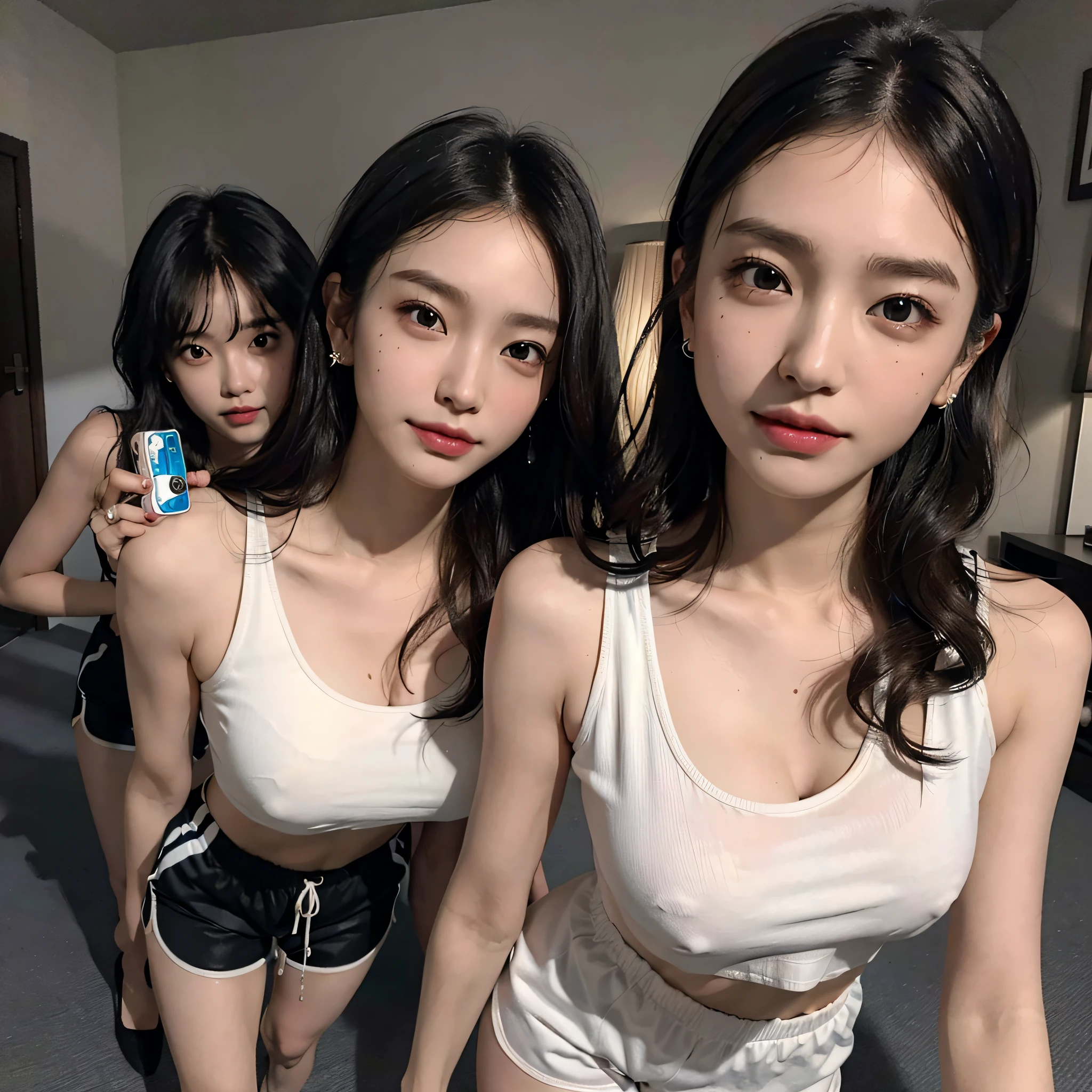 absurdres, RAW photo, extremely delicate and beautiful, masterpiece, Best Quality, ultra high resolution, 16k, hyperrealistic, ultra-detailed, Very detailed CG 8k wallpaper, Beautiful Lighting, Perfect Lightning, Realistic Shadows, perfect anatomy, super Detailed skin, perfect figure, Japanese woman, late 20s, very Slim body, narrow waist, very small head, handsome detailed woman, very detailed eyes and face, realistic face proportions, Stunning detailed eyes, Realistic beautiful face, very small face, Realistic small beautiful eyes, double eyelids, makeup, tearful mole, mole on chest, earring, bare legs, beautiful and very thin legs, beautiful and very thin thighs, (very huge round breasts:1.3), short hair, wavy hair, sweat, full body shot, (3 girls:1.5), sleeveless, bare arms, bare legs, tight-fitting, cropped T-shirt, workout wear, (running shorts:1.3),