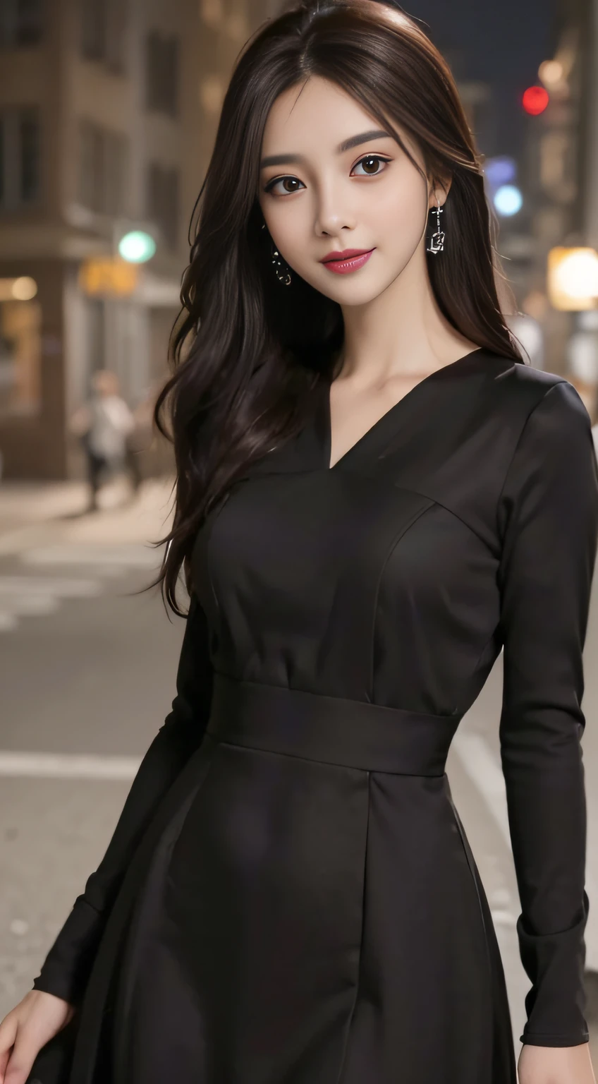 ((Best quality, 8k, Masterpiece :1.3)), 1girl, smiling, full body, slim face, Pretty woman, (Dark brown hair), full length dress :1.1, Ultra-detailed face, Detailed eyes, Double eyelid, blur background, slim face, city, outside, street,