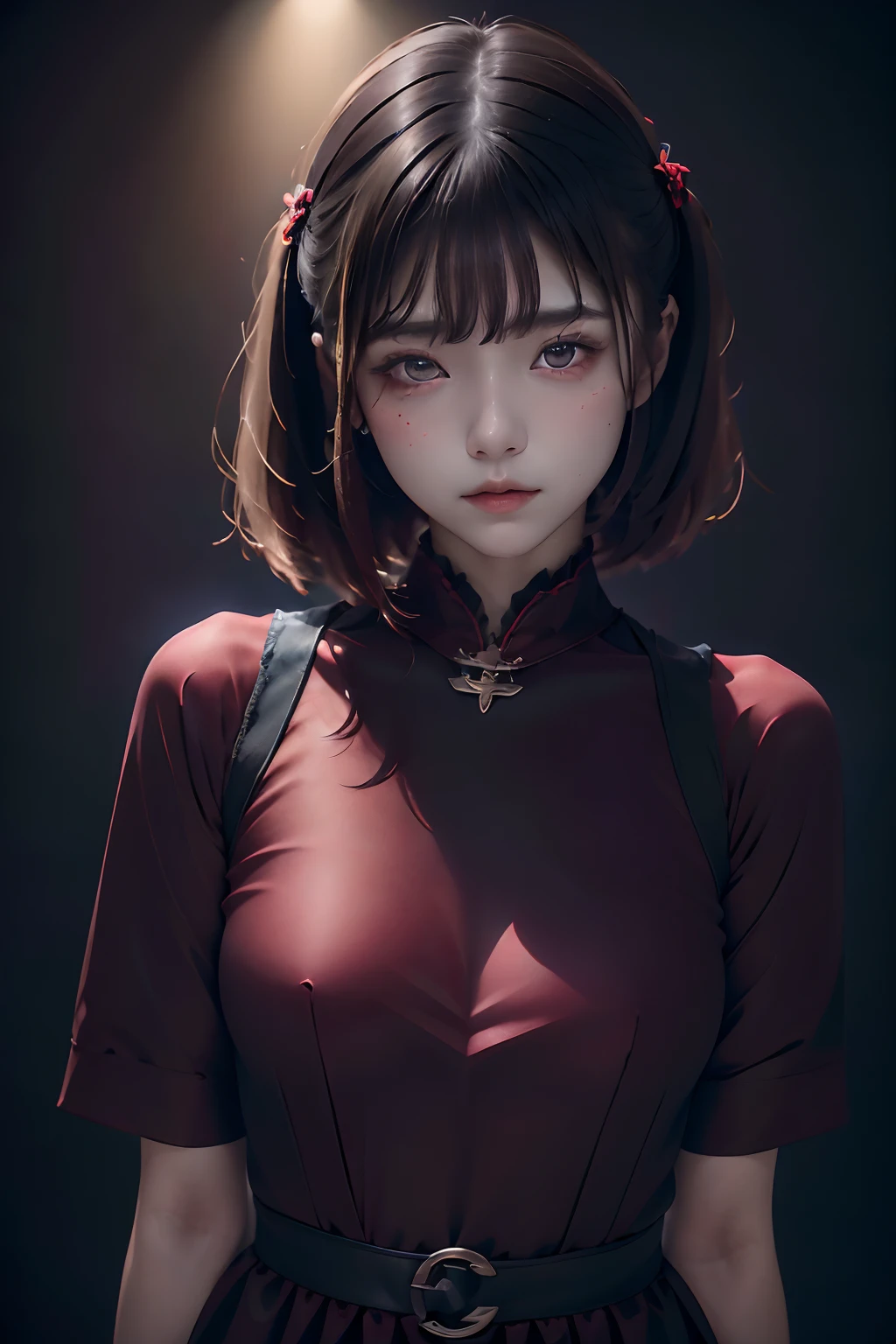 (((Dark Crimson World:1.3)))、Best Quality, masutepiece, High resolution, (((1girl in))), sixteen years old,(((If the eyes are:Dark red 1.3)))、Dark crimson dress、((Dark crimson shirt:1.3、dark red block dress)), Tindall Effect, Realistic, Shadow Studio,Ultramarine Lighting, dual-tone lighting, (High Detail Skins: 1.2)、Pale colored lighting、Dark lighting、 Digital SLR, Photo, High resolution, 4K, 8K, Background blur,Fade out beautifully、Dark Crimson World