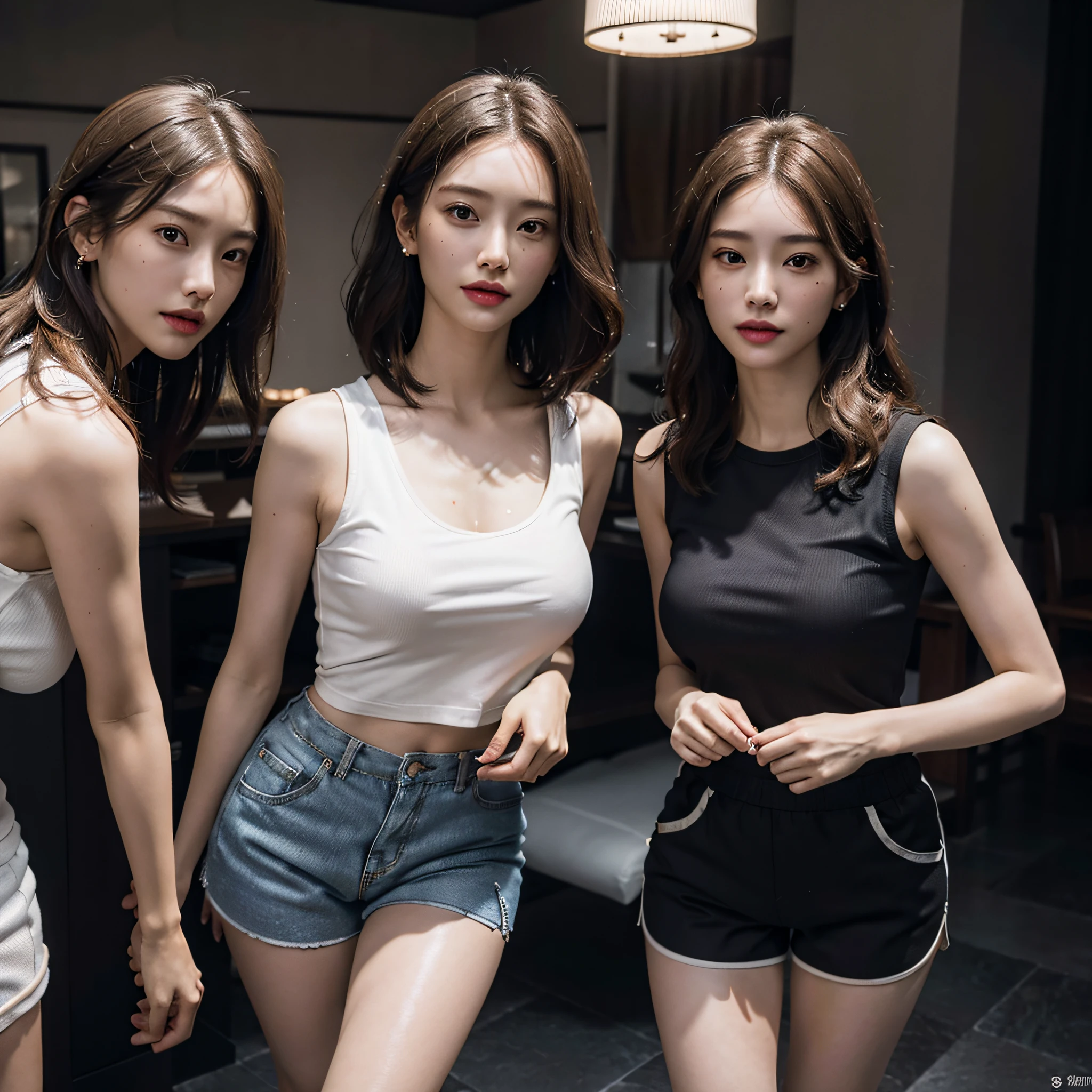 absurdres, RAW photo, extremely delicate and beautiful, masterpiece, Best Quality, ultra high resolution, 16k, hyperrealistic, ultra-detailed, Very detailed CG 8k wallpaper, Beautiful Lighting, Perfect Lightning, Realistic Shadows, perfect anatomy, super Detailed skin, perfect figure, Japanese woman, late 20s, very Slim body, narrow waist, very small head, handsome detailed woman, very detailed eyes and face, realistic face proportions, Stunning detailed eyes, Realistic beautiful face, very small face, Realistic small beautiful eyes, double eyelids, makeup, tearful mole, mole on chest, earring, bare legs, beautiful and very thin legs, beautiful and very thin thighs, (very huge round breasts:1.3), short hair, wavy hair, sweat, full body shot, (3 girls:1.5), sleeveless, bare arms, bare legs, tight-fitting, cropped T-shirt, workout wear, (running shorts:1.3),